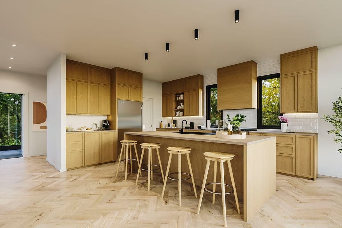 Herringbone Floors and Warm Oak Cabinets That Make You Want to Stay in the Kitchen