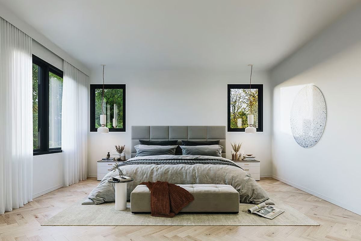 Pendant Lights Over Nightstands and a Bench at the Foot That Actually Gets Used