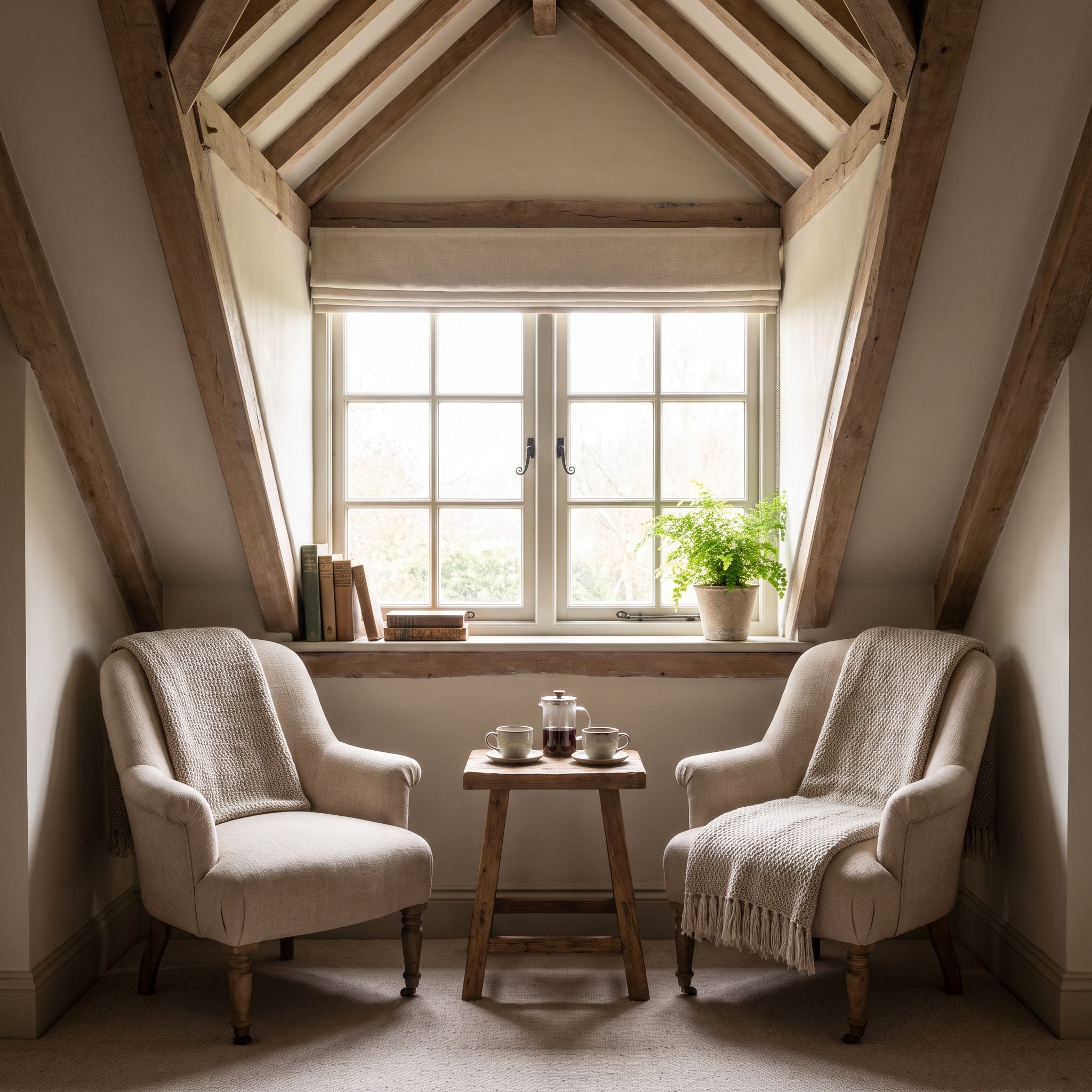 Attic bedroom dormer furnished with two low chairs and an oval coffee table beneath a sloping ceiling