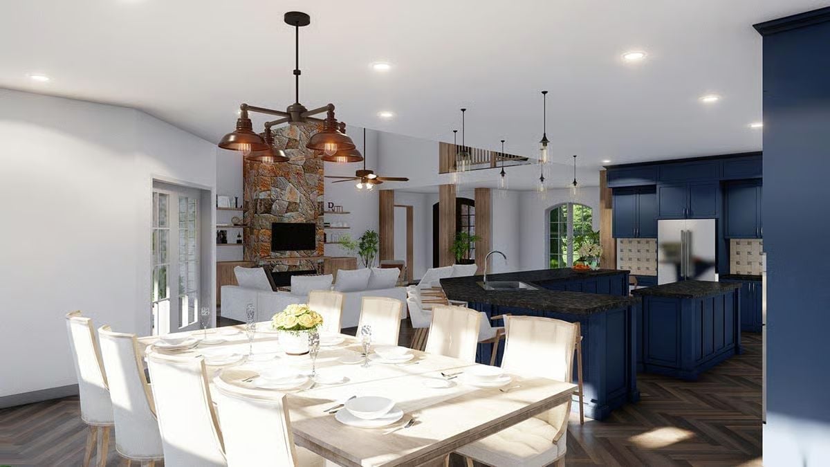 Stone Fireplace, Pendant Clusters, and Kitchen Cabinetry Worth the Wait