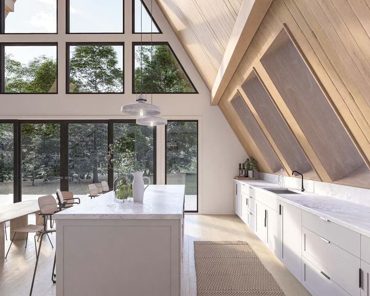 Marble Counters, Exposed Beams, and a Roofline That Does the Heavy Lifting