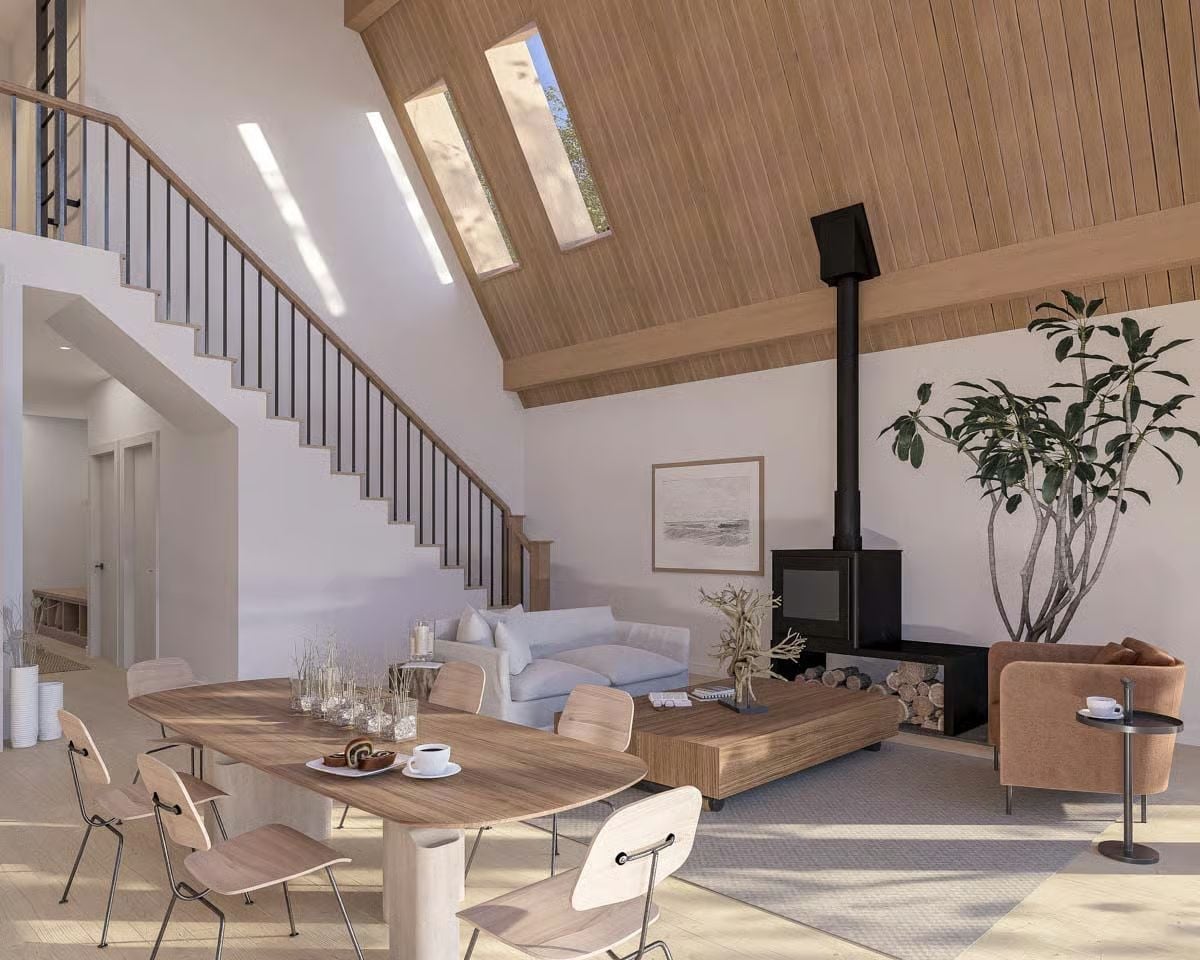 Vaulted Cedar Ceiling and a Wood-Burning Stove That Earns Its Place
