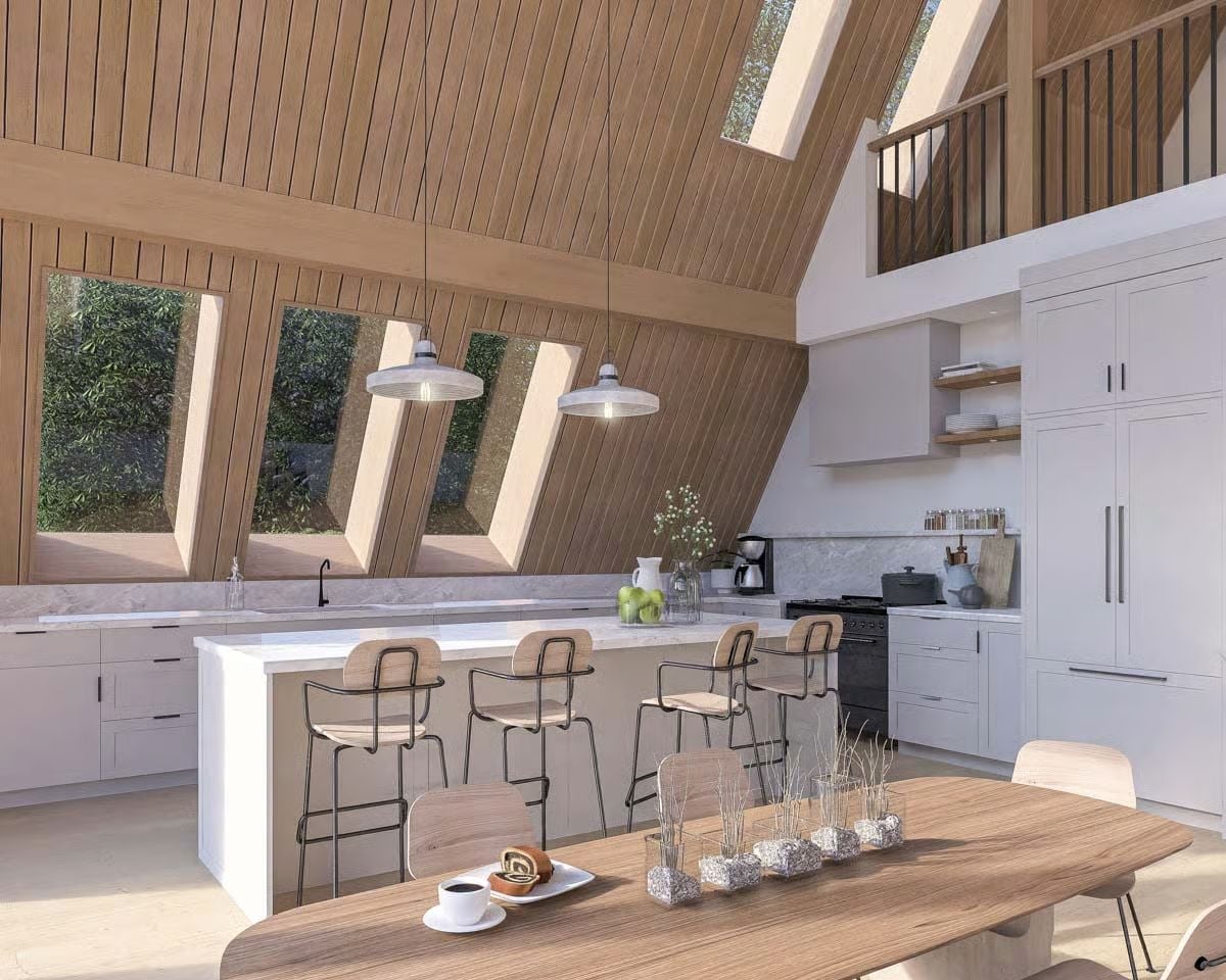 Vaulted Wood Ceiling and Angled Windows That Pull the Outside In