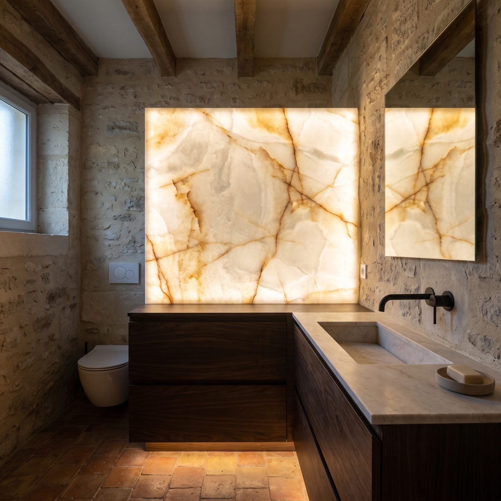 Backlit Translucent Stone Over a Dark Floating Walnut Vanity