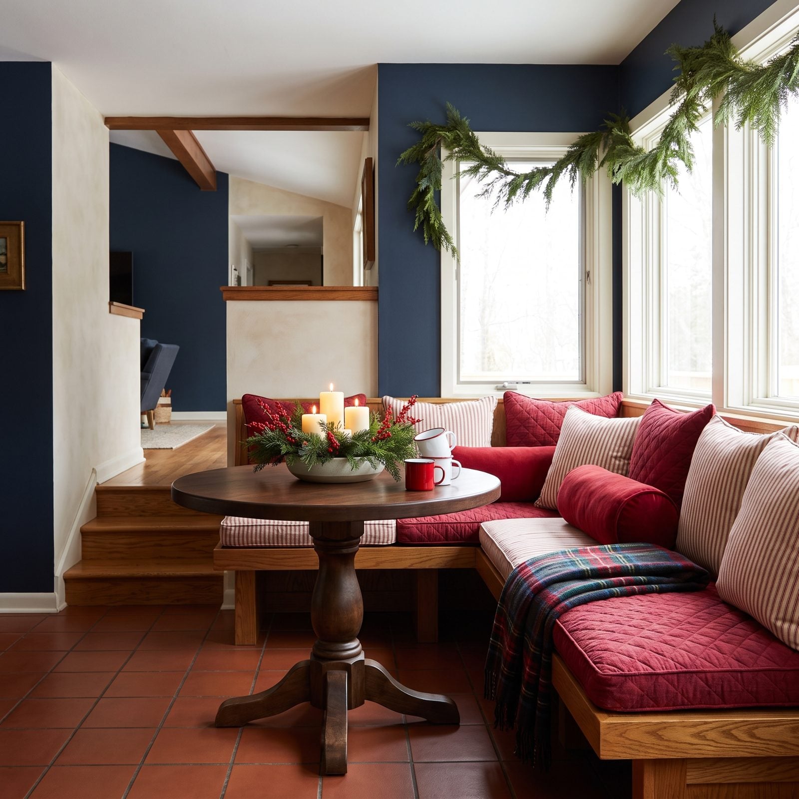 A Banquette Layered With Quilted Red-and-Cream Cushions