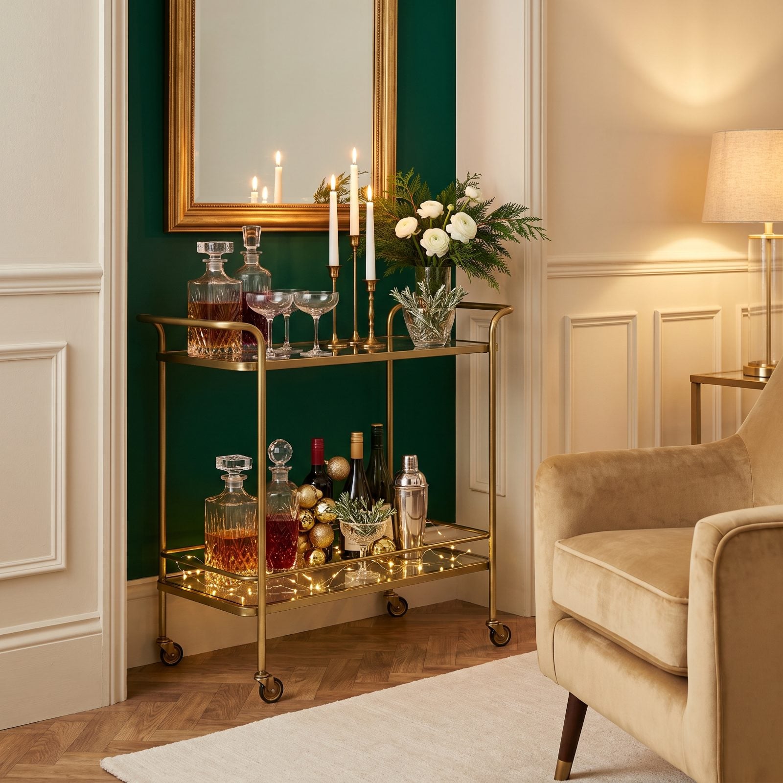 A Bar Cart Styled as a Sparkling Christmas Station