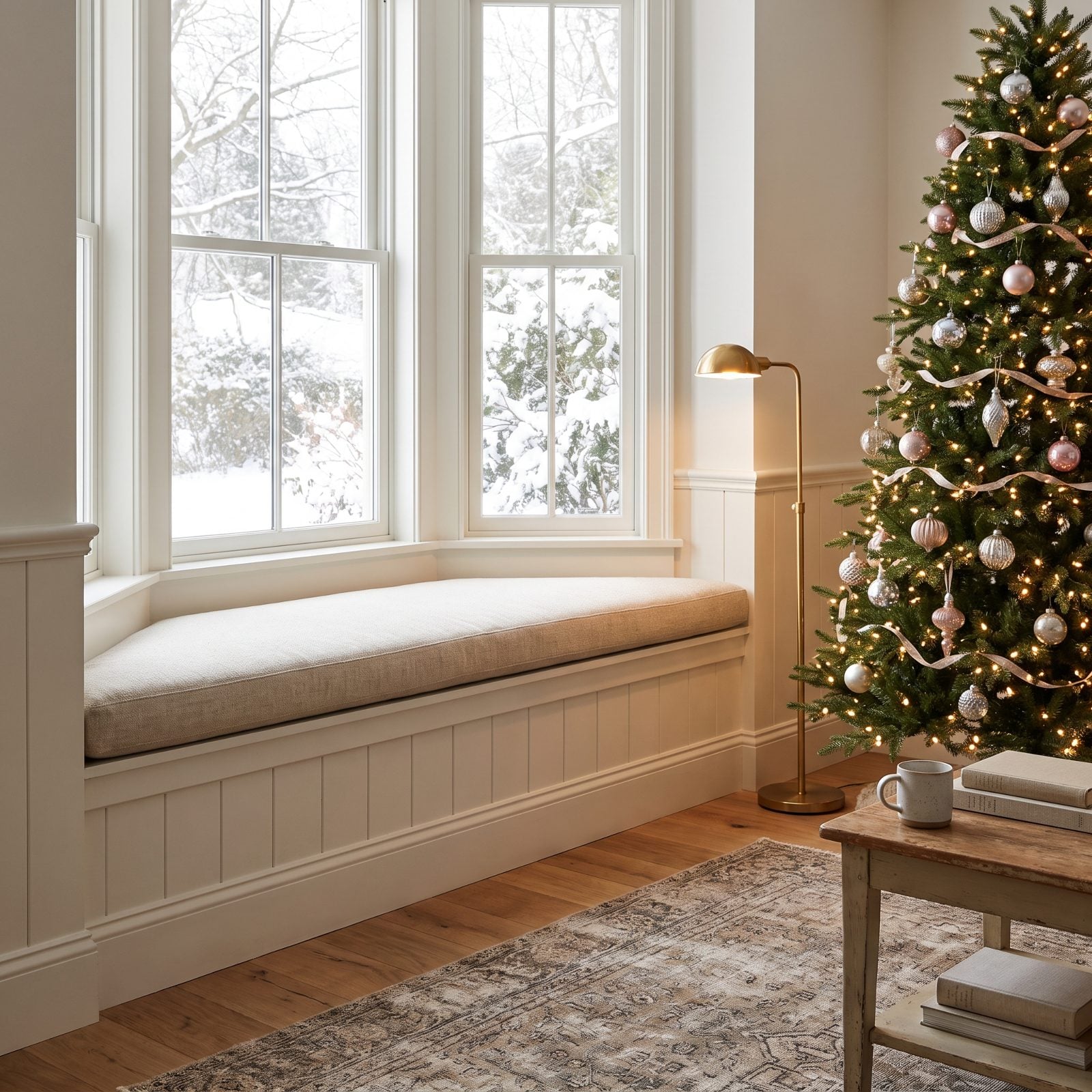 A Bare Bay-Window Seat Framing a Nearby Christmas Tree