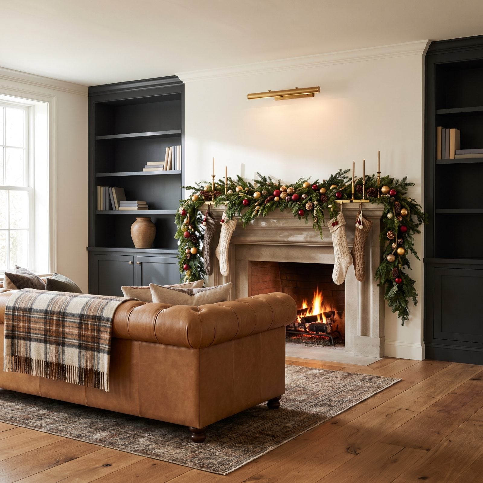 Bare Bookshelves Beside an Ornament-Heavy Fireplace