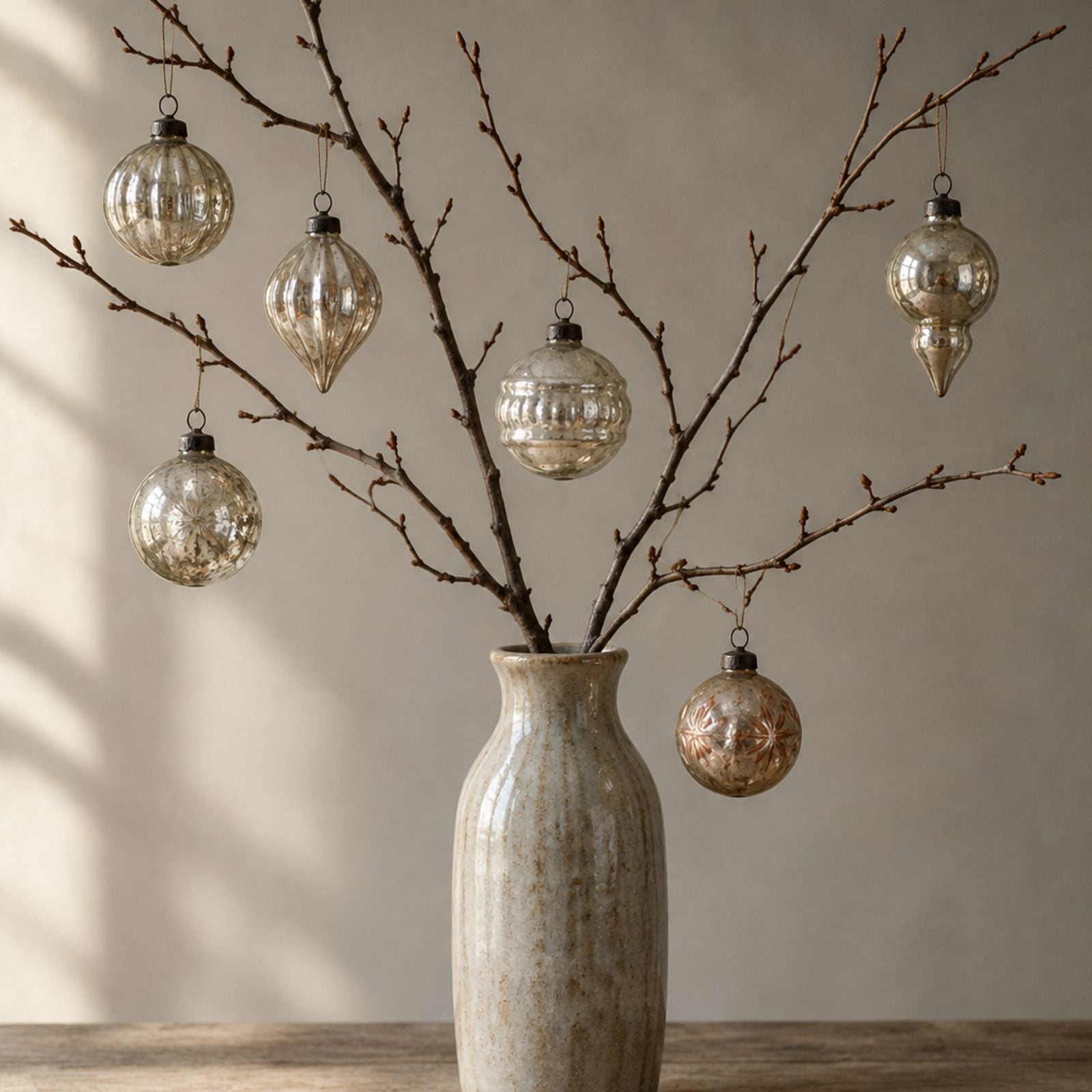Bare Branches Displaying Just Six Heirloom Glass Ornaments