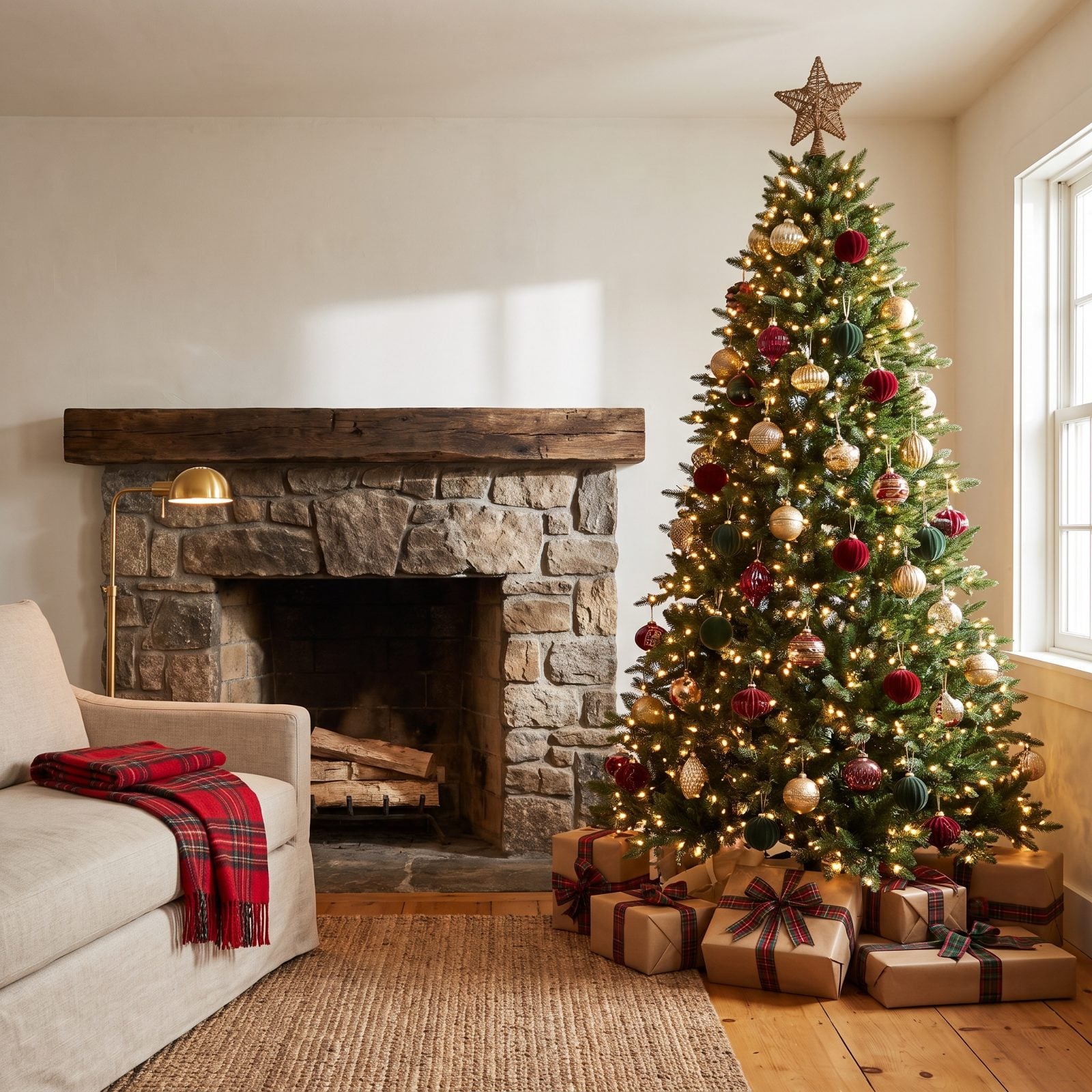 A Bare Mantel Beside a Lavishly Decorated Tree