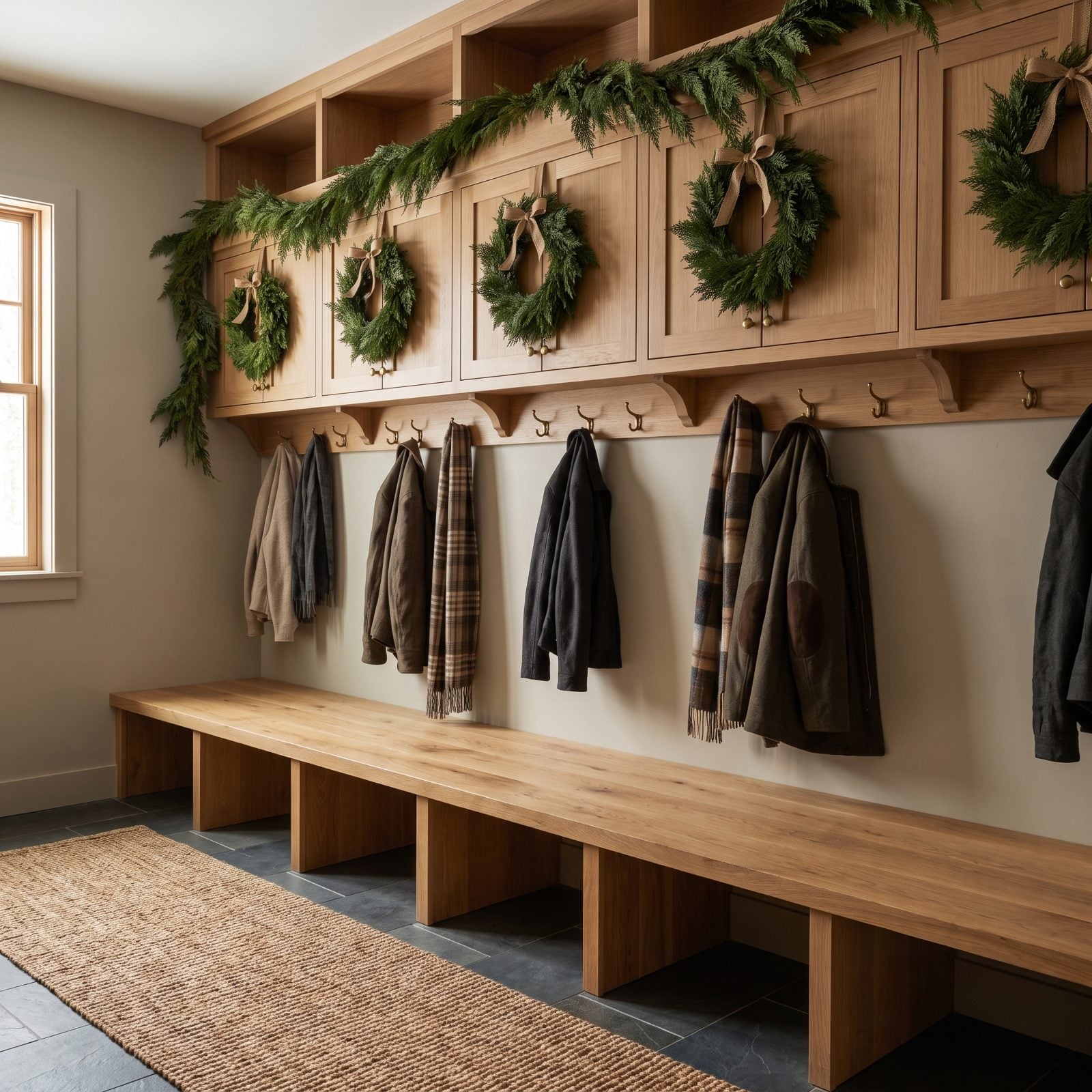 A Bare Mudroom Bench Surrounded by Wreaths and Greenery