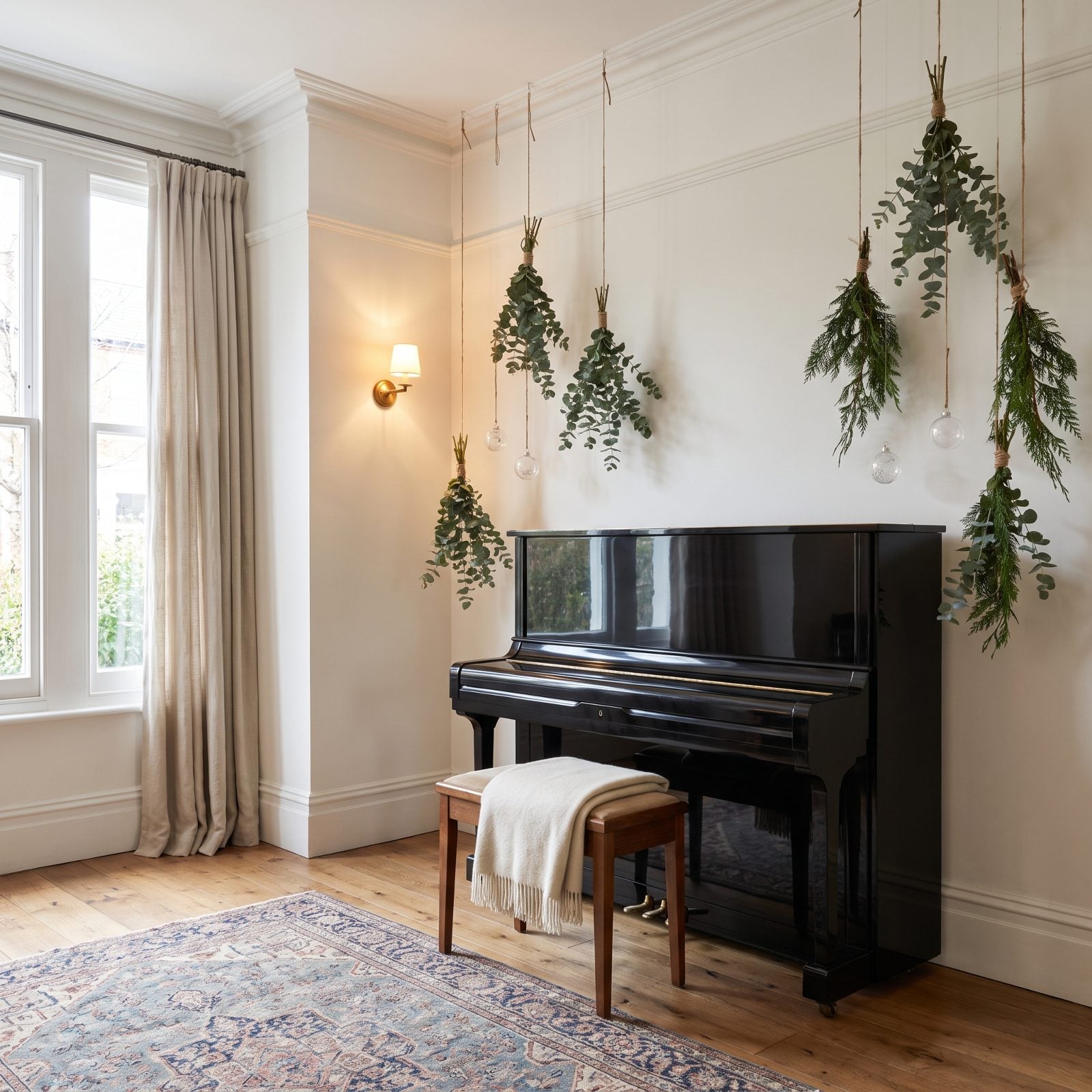 A Bare Piano Beneath Ceiling-Hung Holiday Greenery