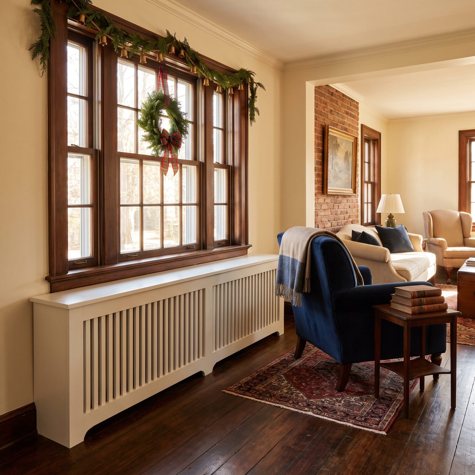 A Bare Radiator Cover Beneath Decorated Window Trim