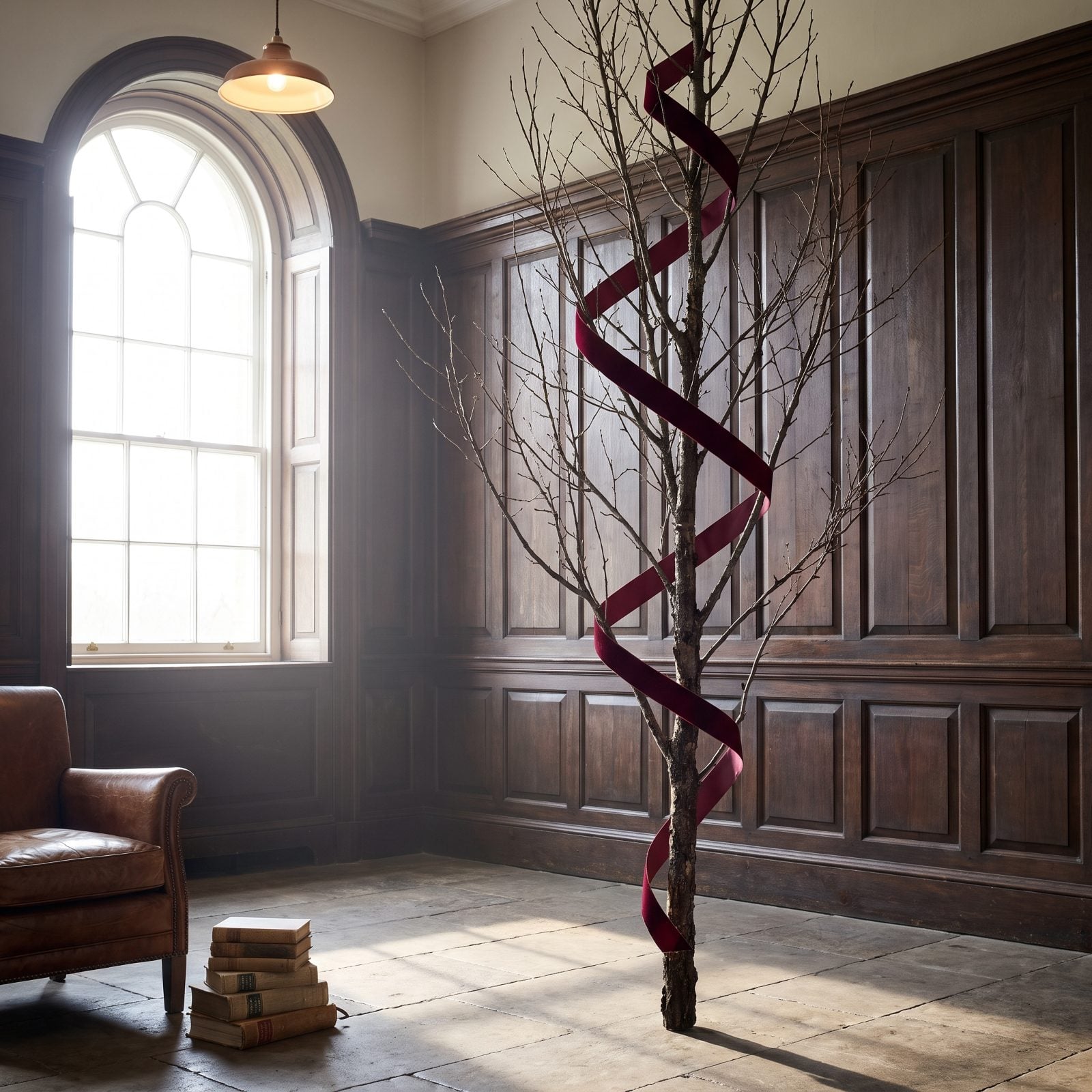 A Bare Tree Wearing Only Wide Burgundy Ribbon