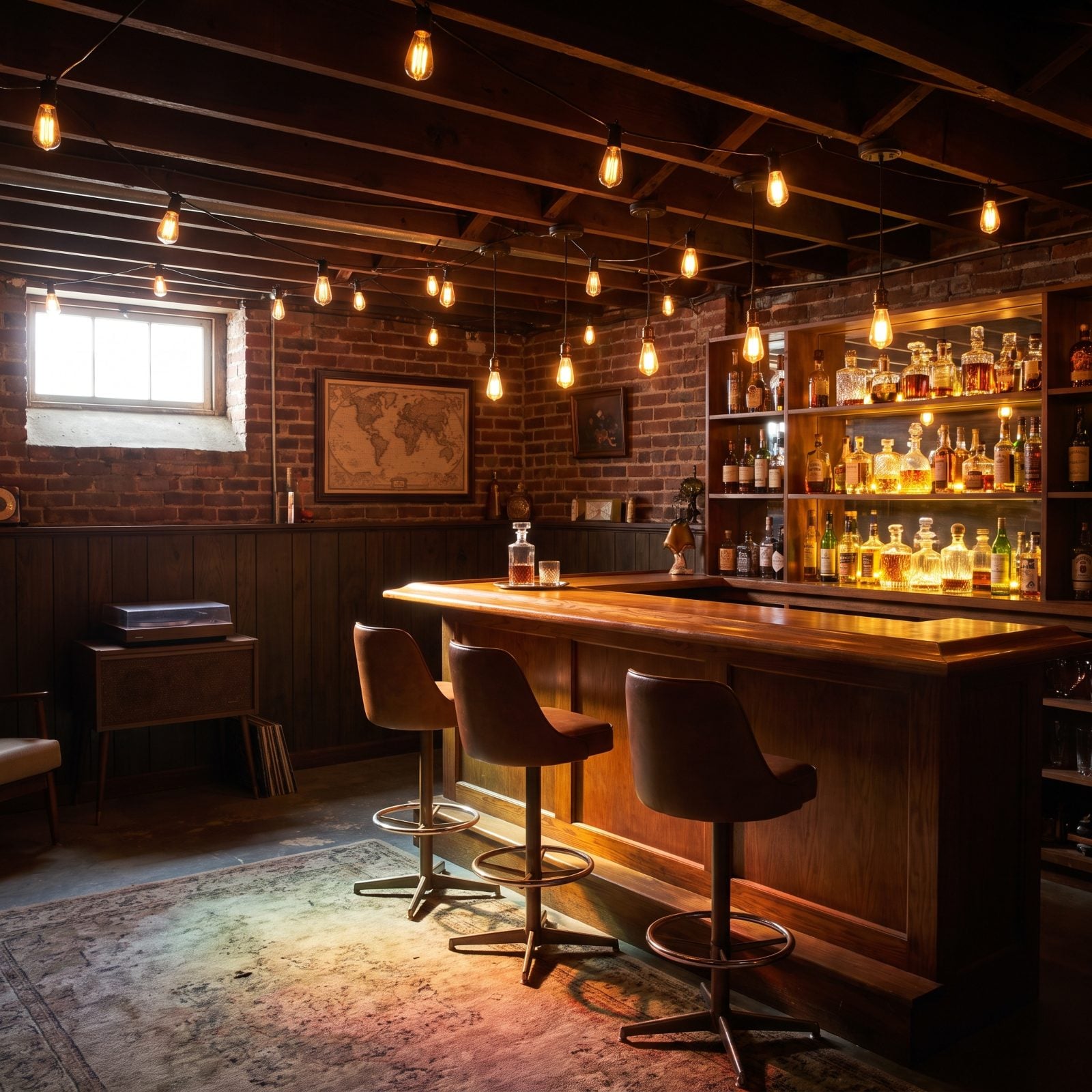 A Basement Bar Lit Up With Vintage String Lights