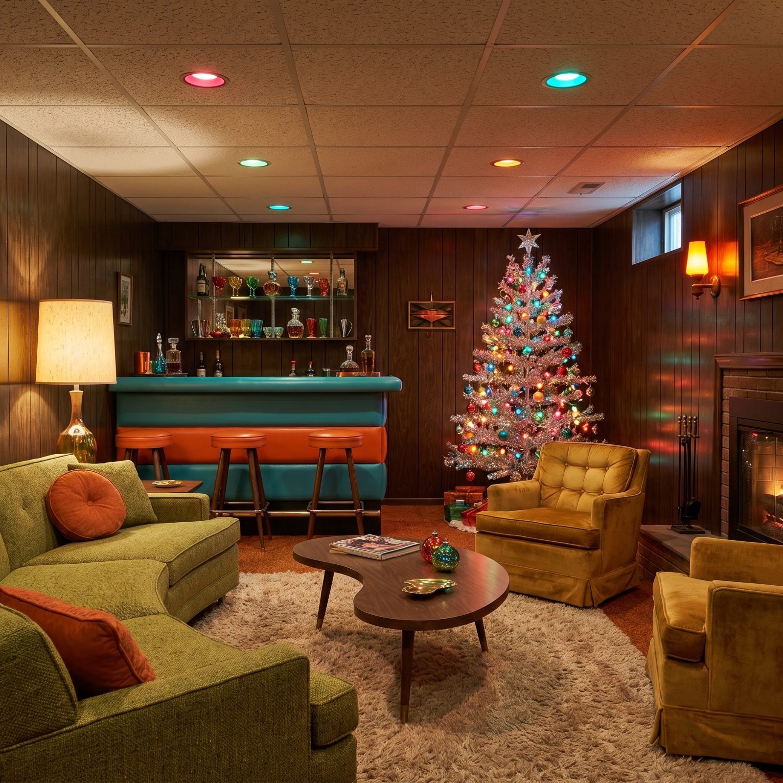 A Basement Bar Styled as a Vintage Christmas Lounge