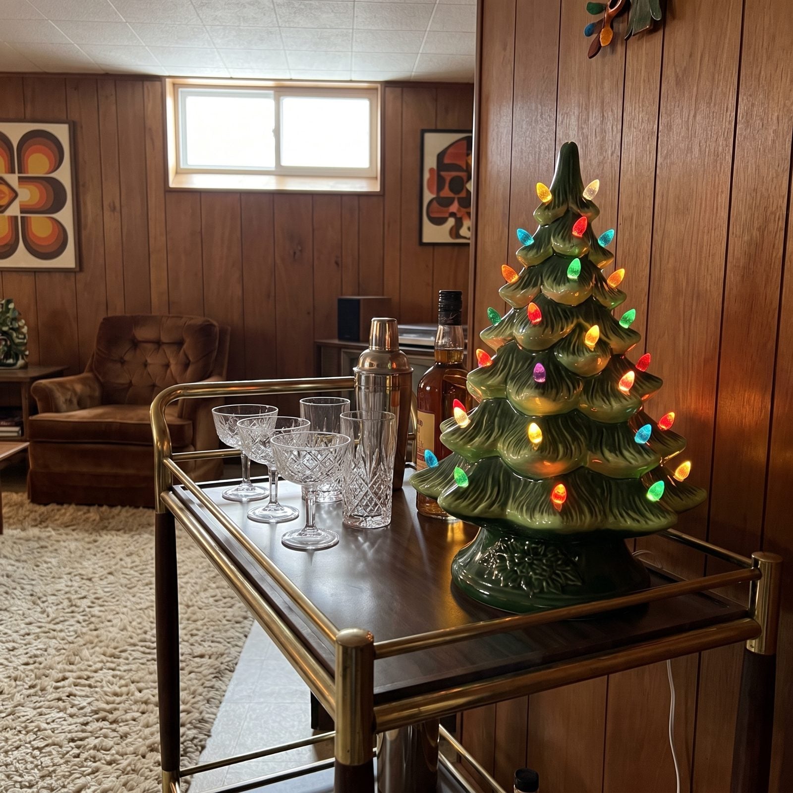 A Basement Cocktail Lounge in Full Retro Christmas Mode