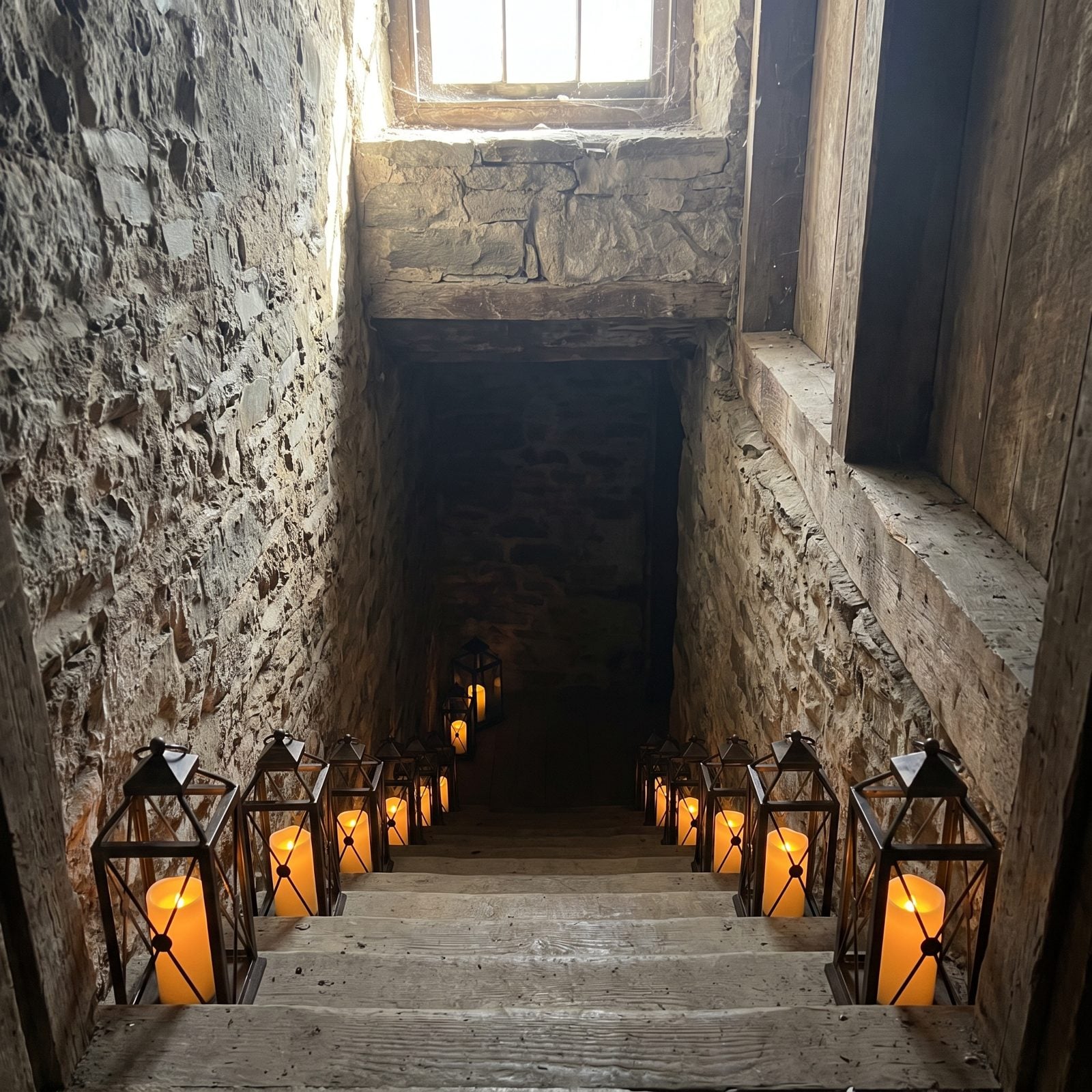 A Basement Stairwell Lined With Lanterns