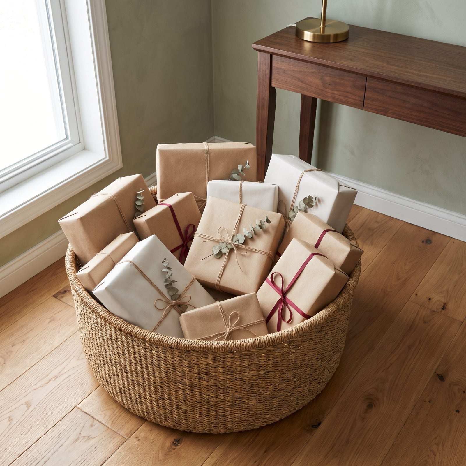 A Basket of Wrapped Gifts in One Restrained Palette