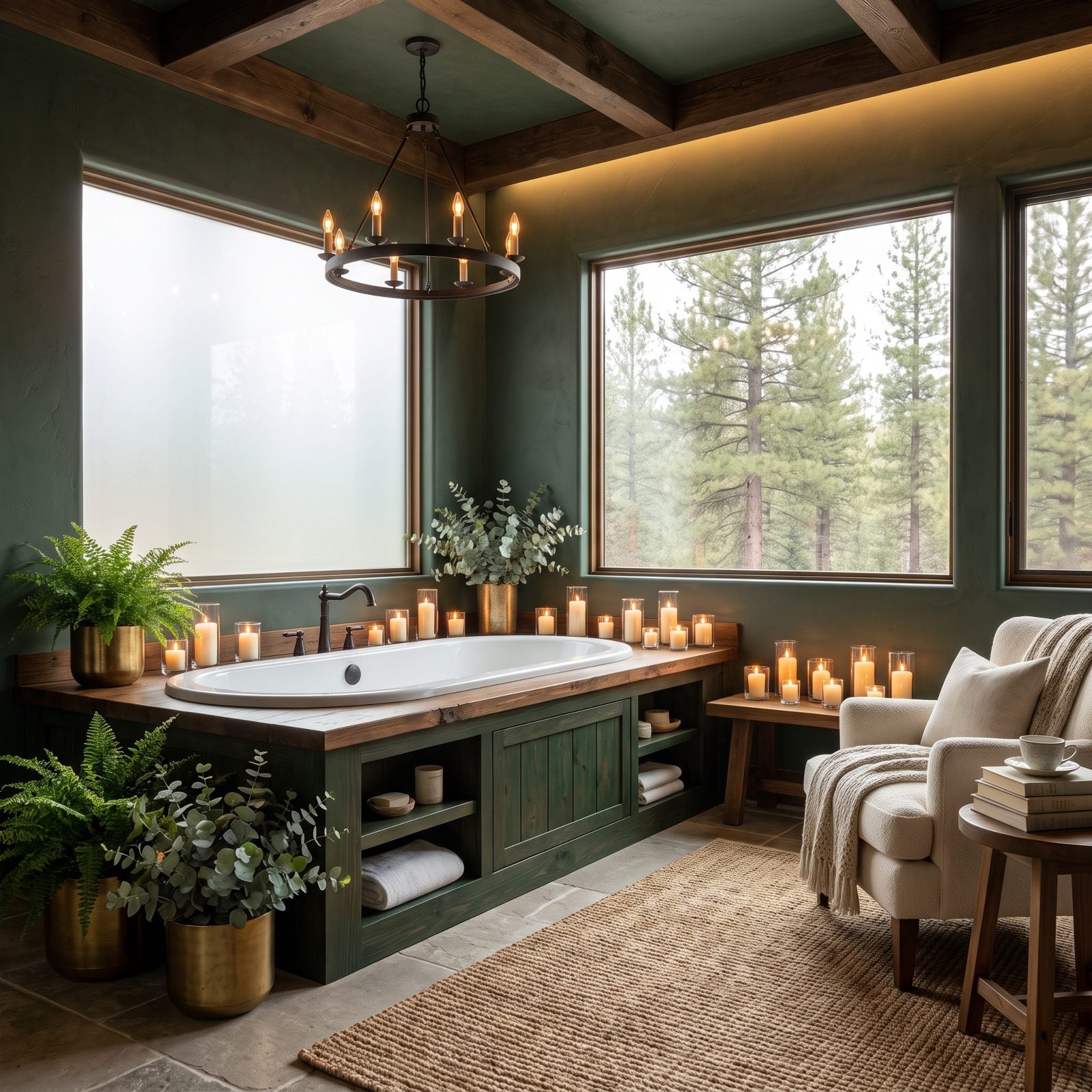 A Bathroom Built Around a Candlelit Evergreen Tub Surround