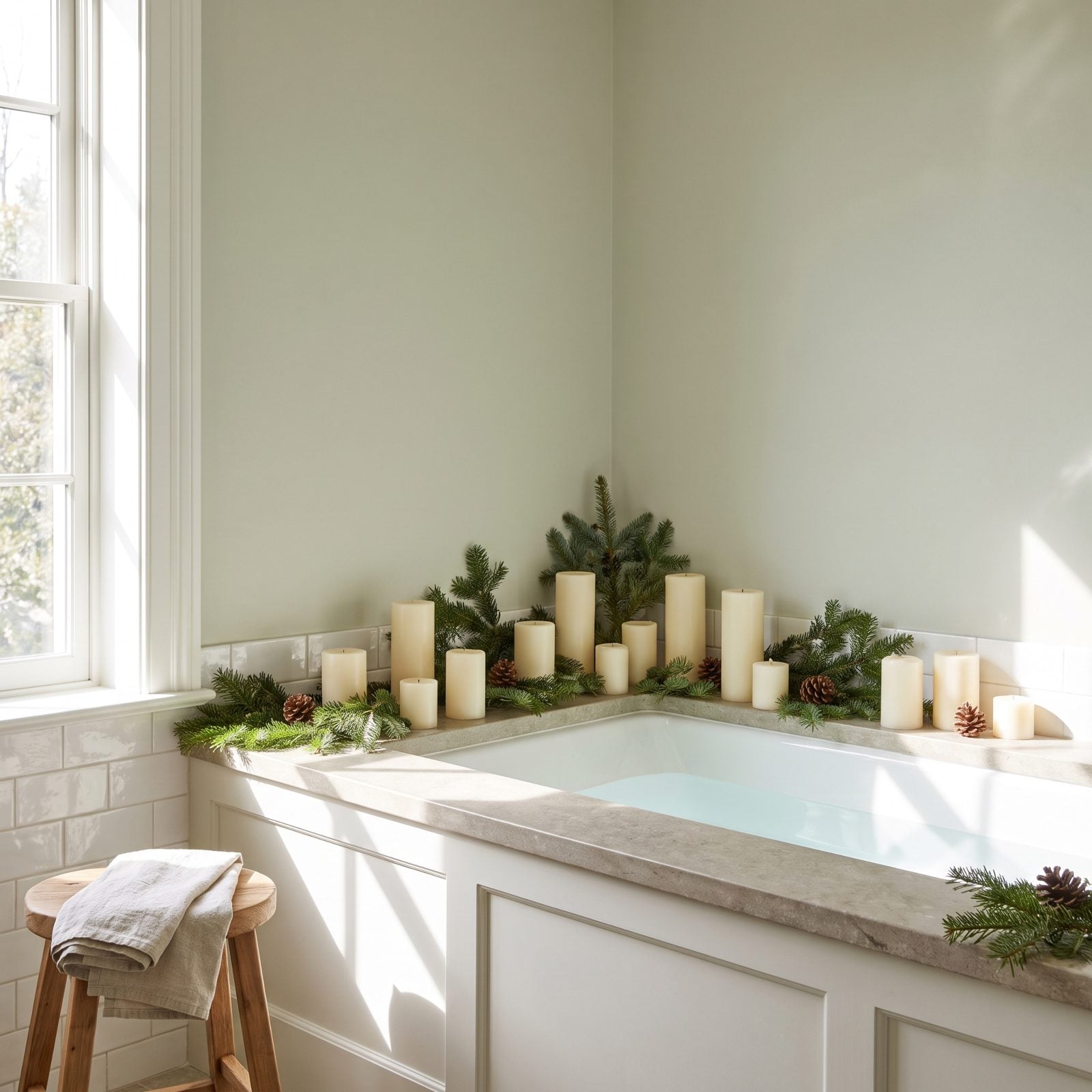 A Bathroom Tub Ledge Glowing With Candles and Fir