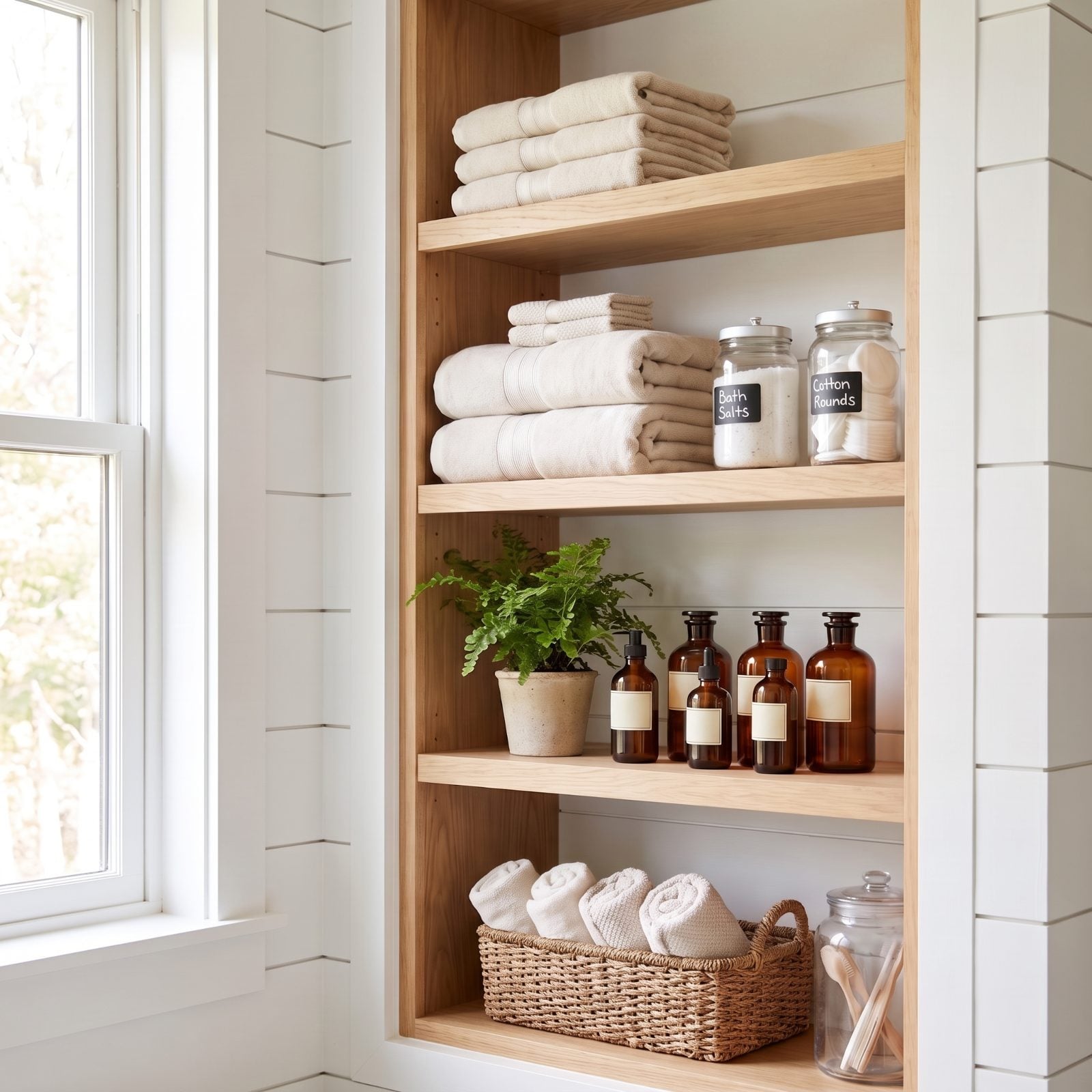 Bathroom with two open wood shelves holding amber bottles, rolled towels, a potted plant, and a brass tray.