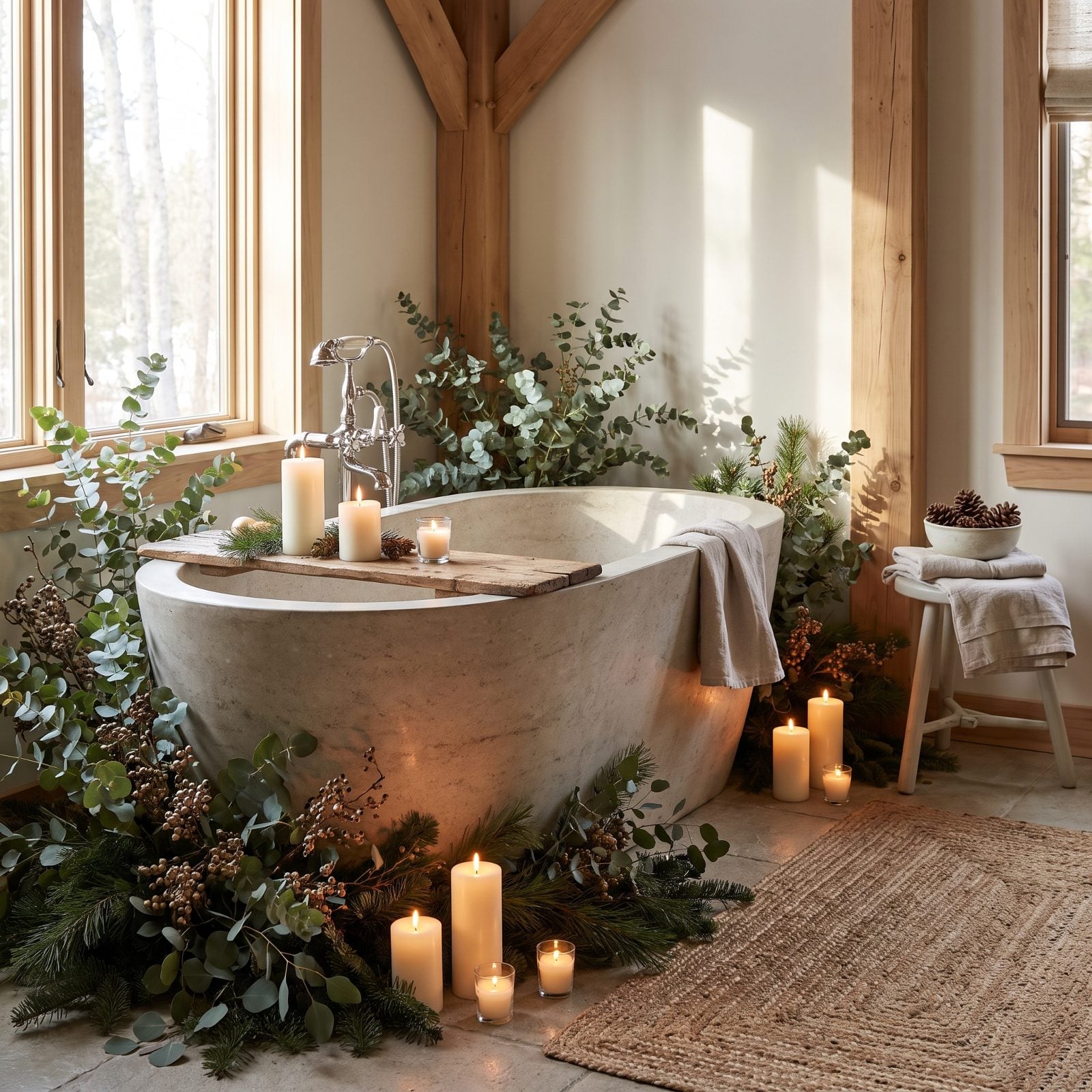 A Bathtub Ringed with Winter Foliage and Candles