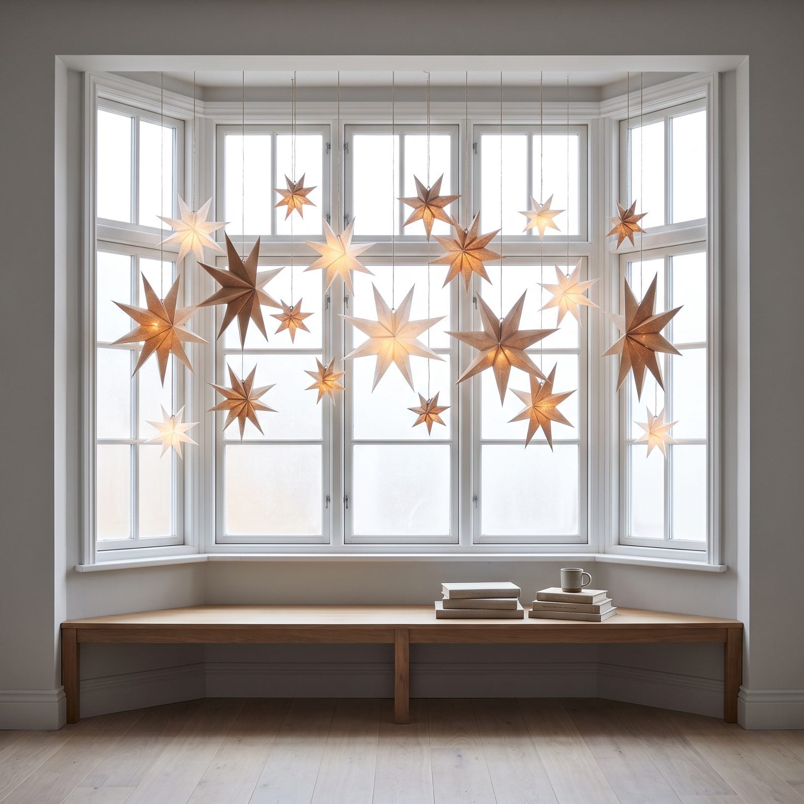 A Bay Window Filled With Luminous Paper Stars