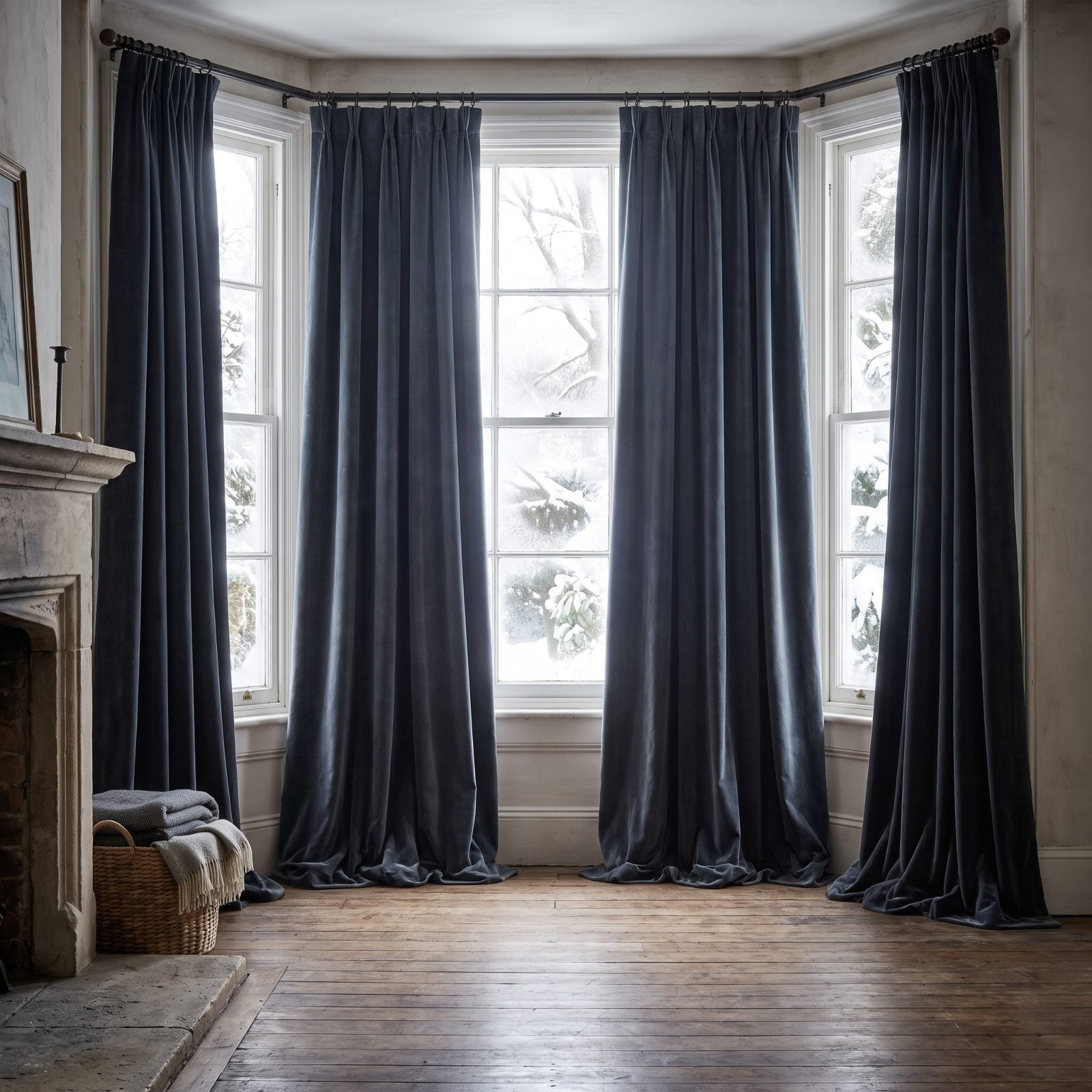 A Bay Window Framed by Puddled Winter Curtains