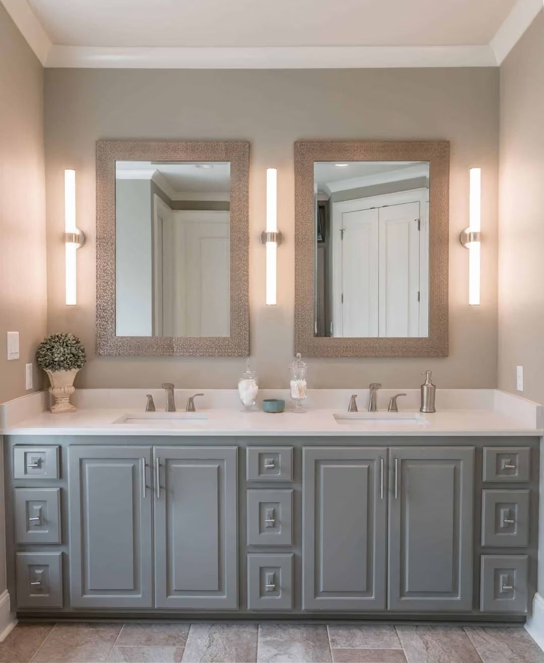 Gray Vanity Cabinets and Sconce Lighting That Actually Flatter
