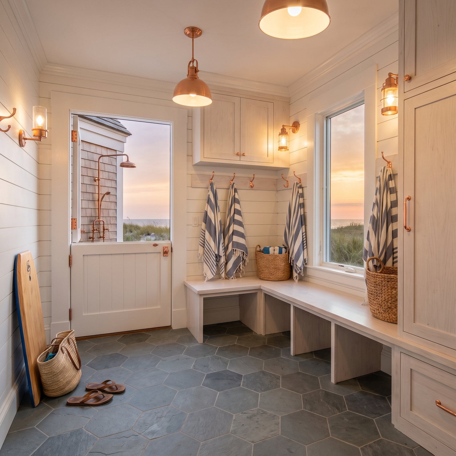 Beach Towels and Sandy Feet Meet Slate Hex Tile in a Coastal Mudroom