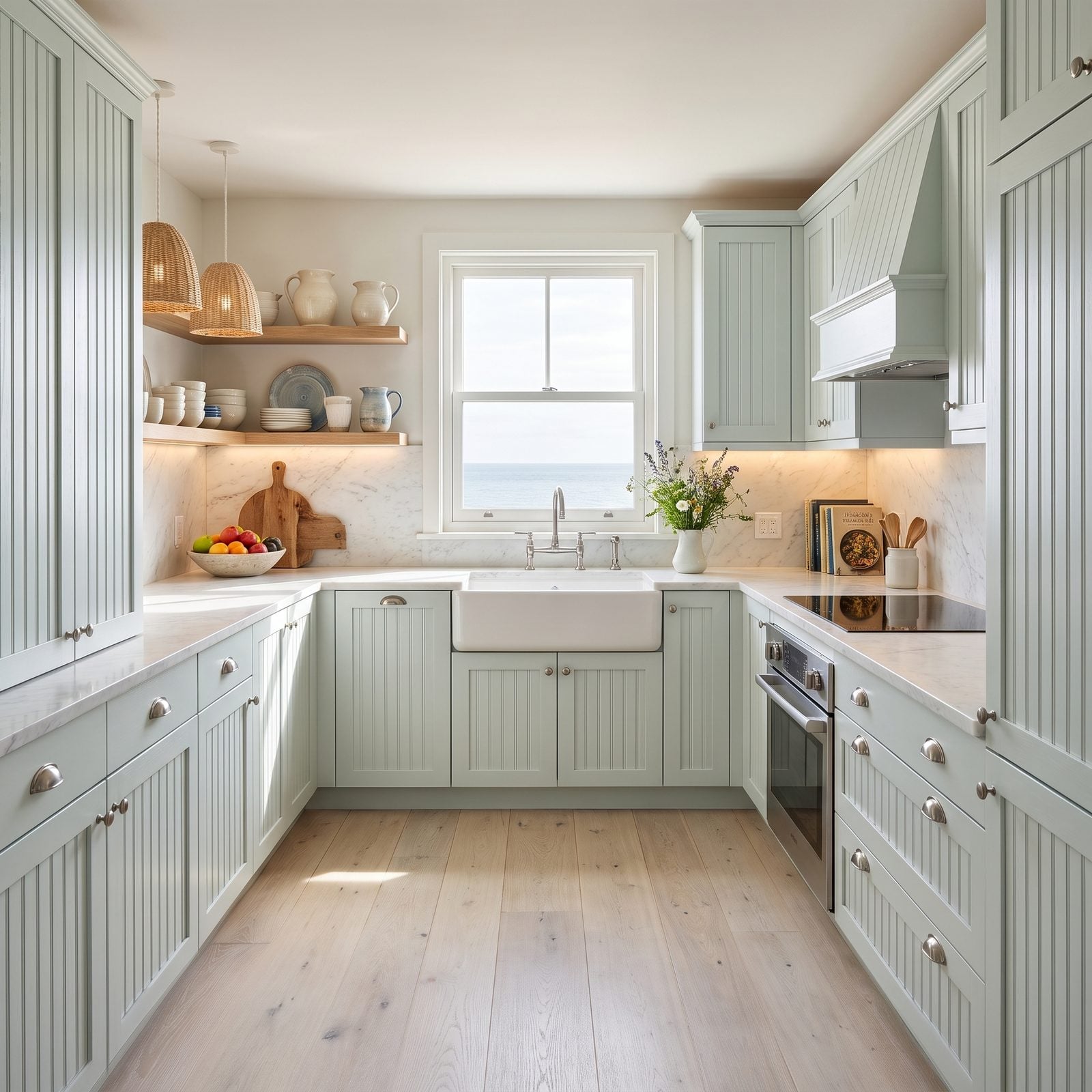 Kitchen with beadboard cabinet doors: Beadboard doors in seafoam-white with marble counters and an apron sink under a sea-view window.
