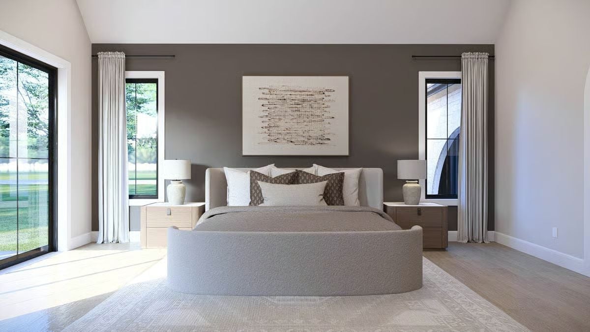 Curved Bouclé Footboard and a Muted Accent Wall That Know Exactly What They're Doing