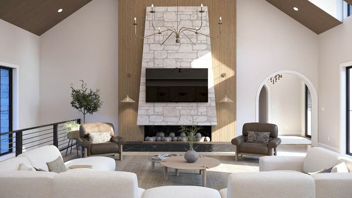 Stone Fireplace Hood Tall Enough to Command a Cathedral Ceiling