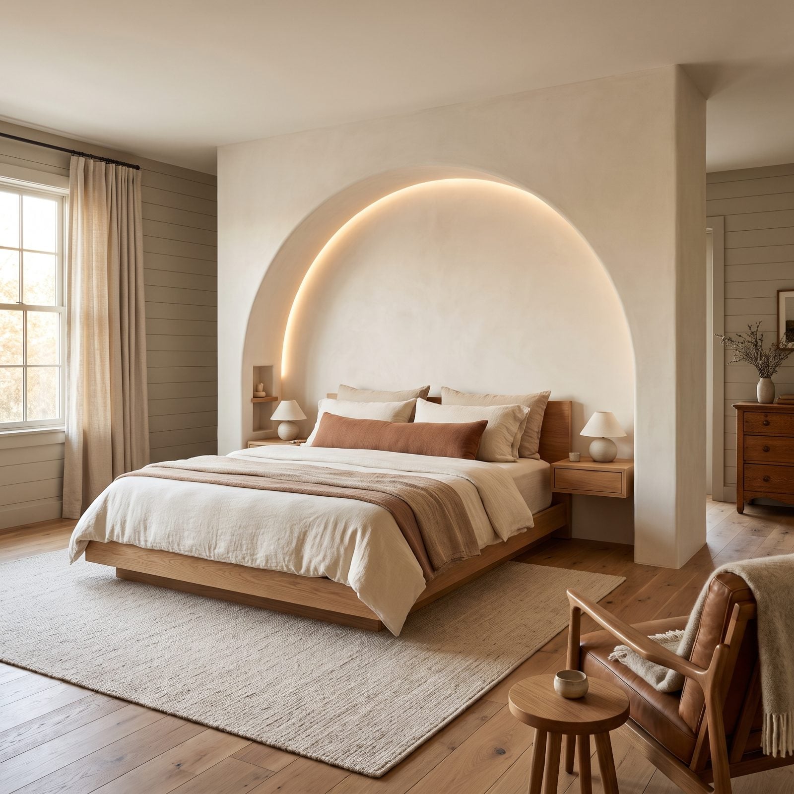 The Bed Nestled Into an Arched Plaster Alcove