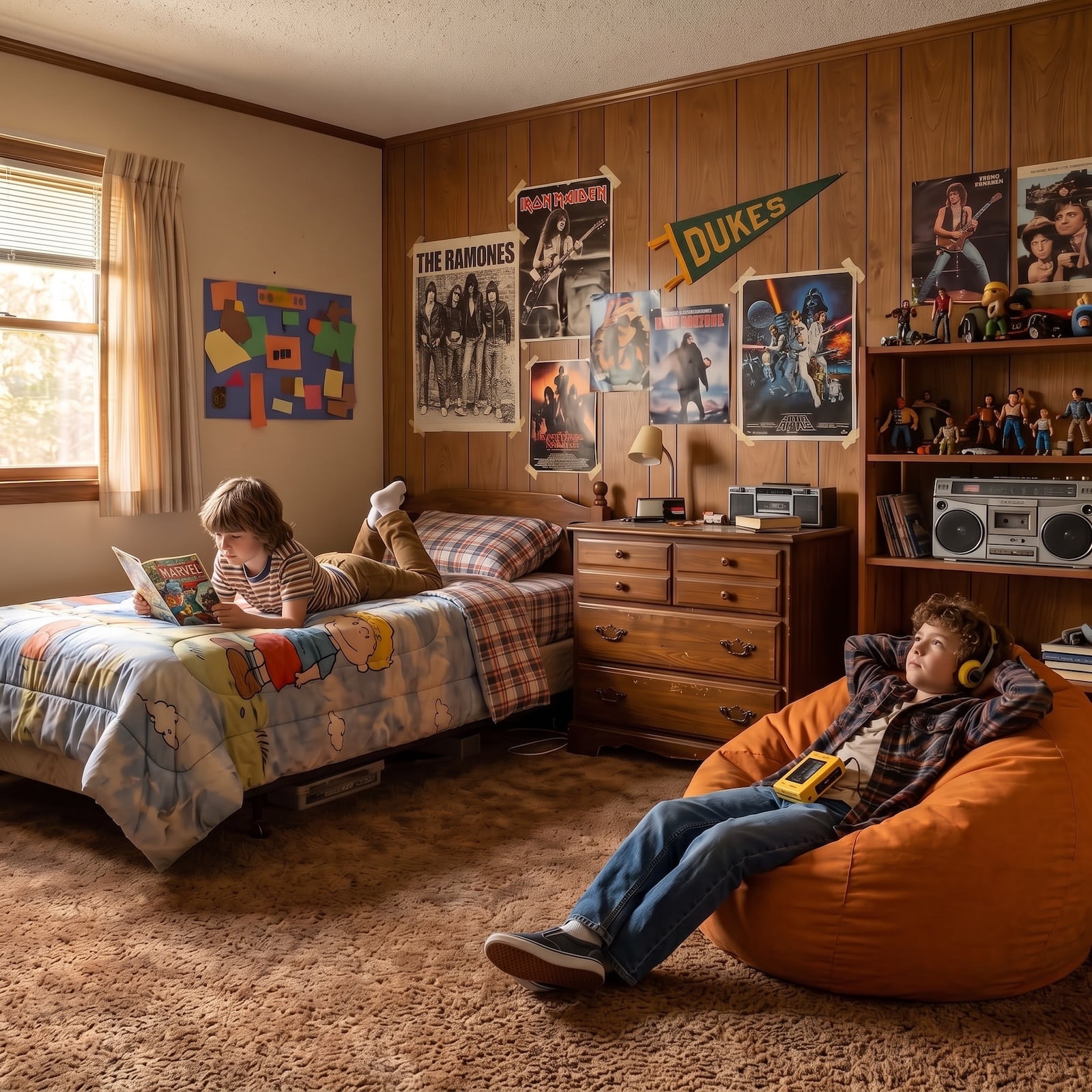 Two boys in a 1985 bedroom with comic books, music posters, a boombox and character bedding