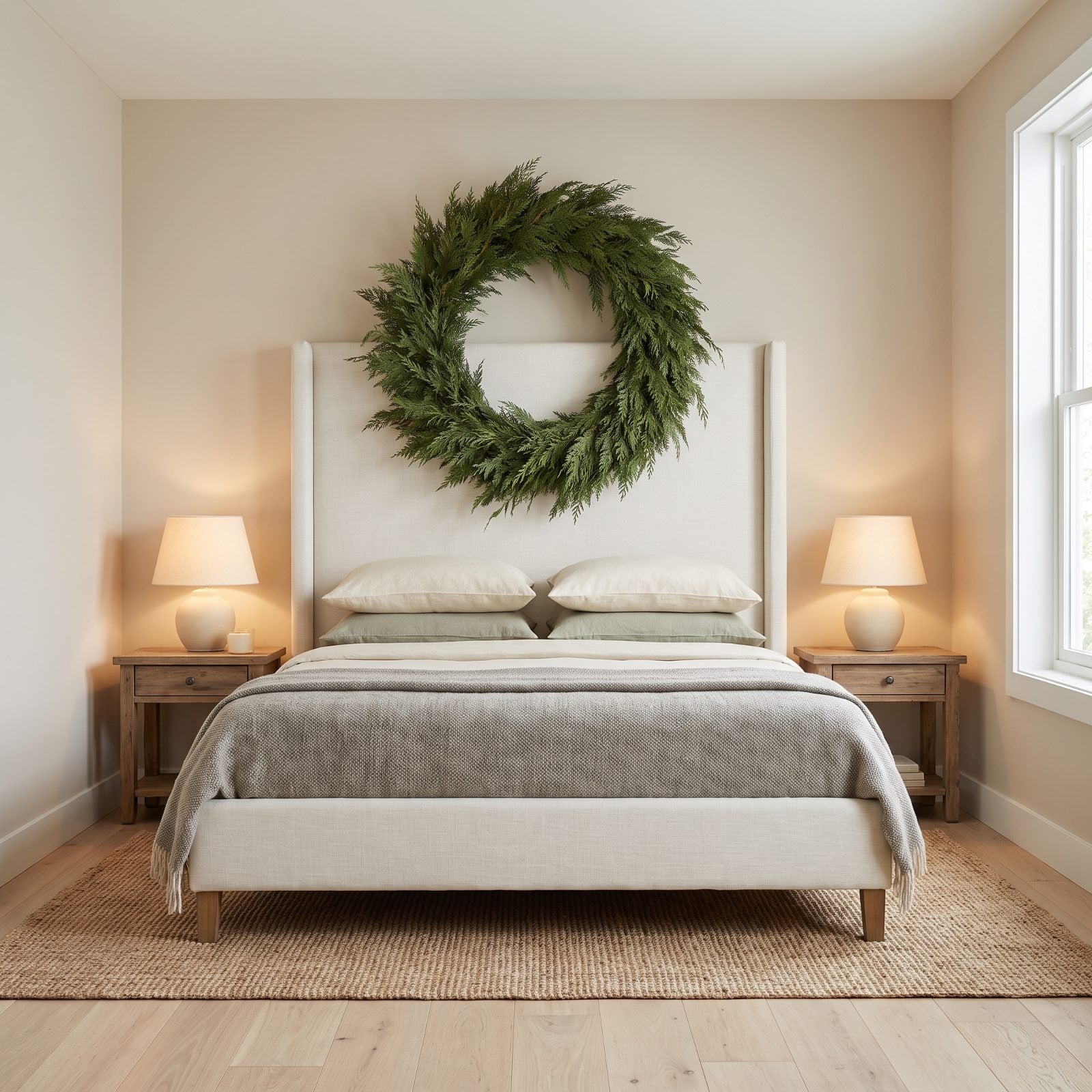 A Bedroom Headboard Framed by a Dramatic Wreath Arrangement