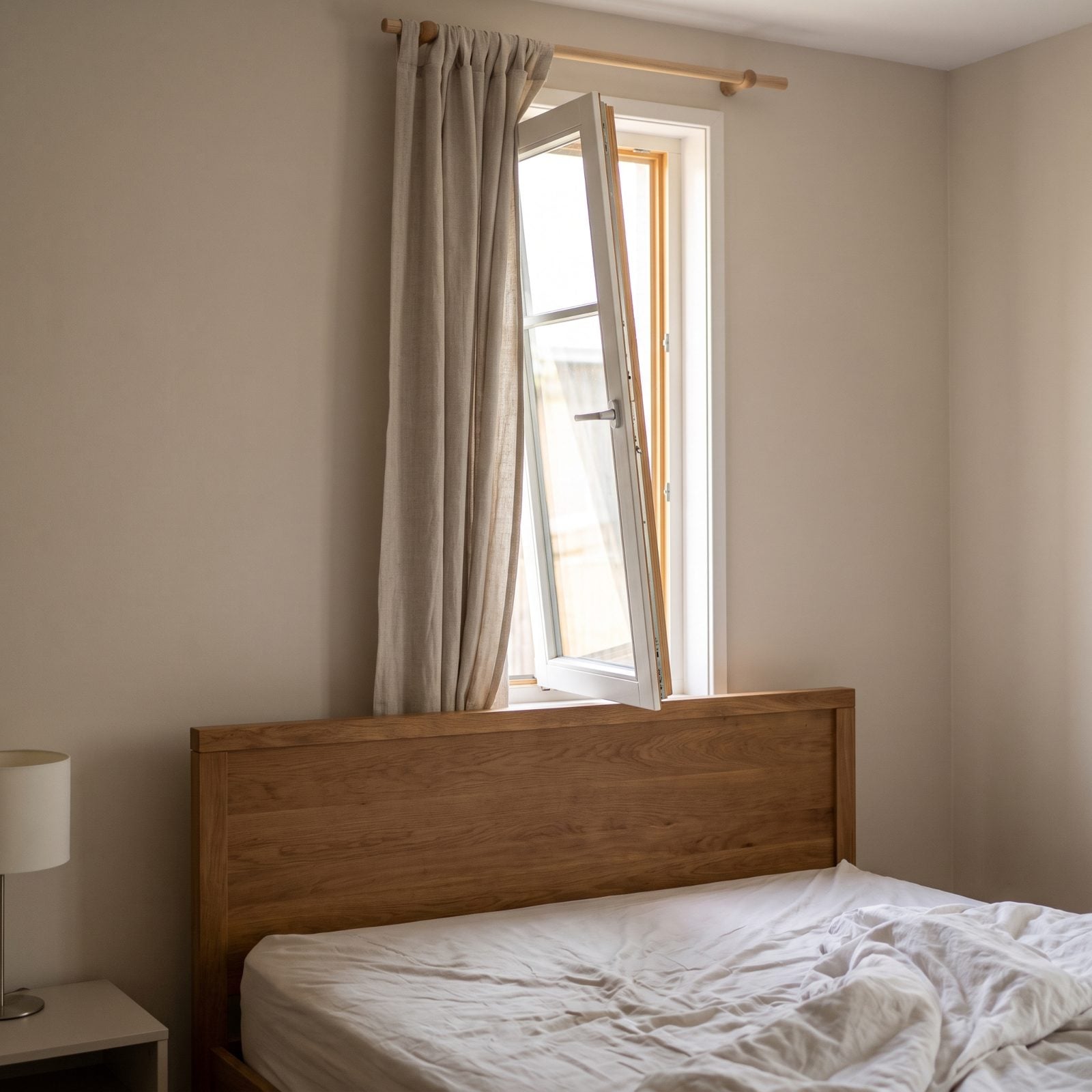 Bedroom with an inward-opening window blocked partway by the headboard so it cannot open fully.