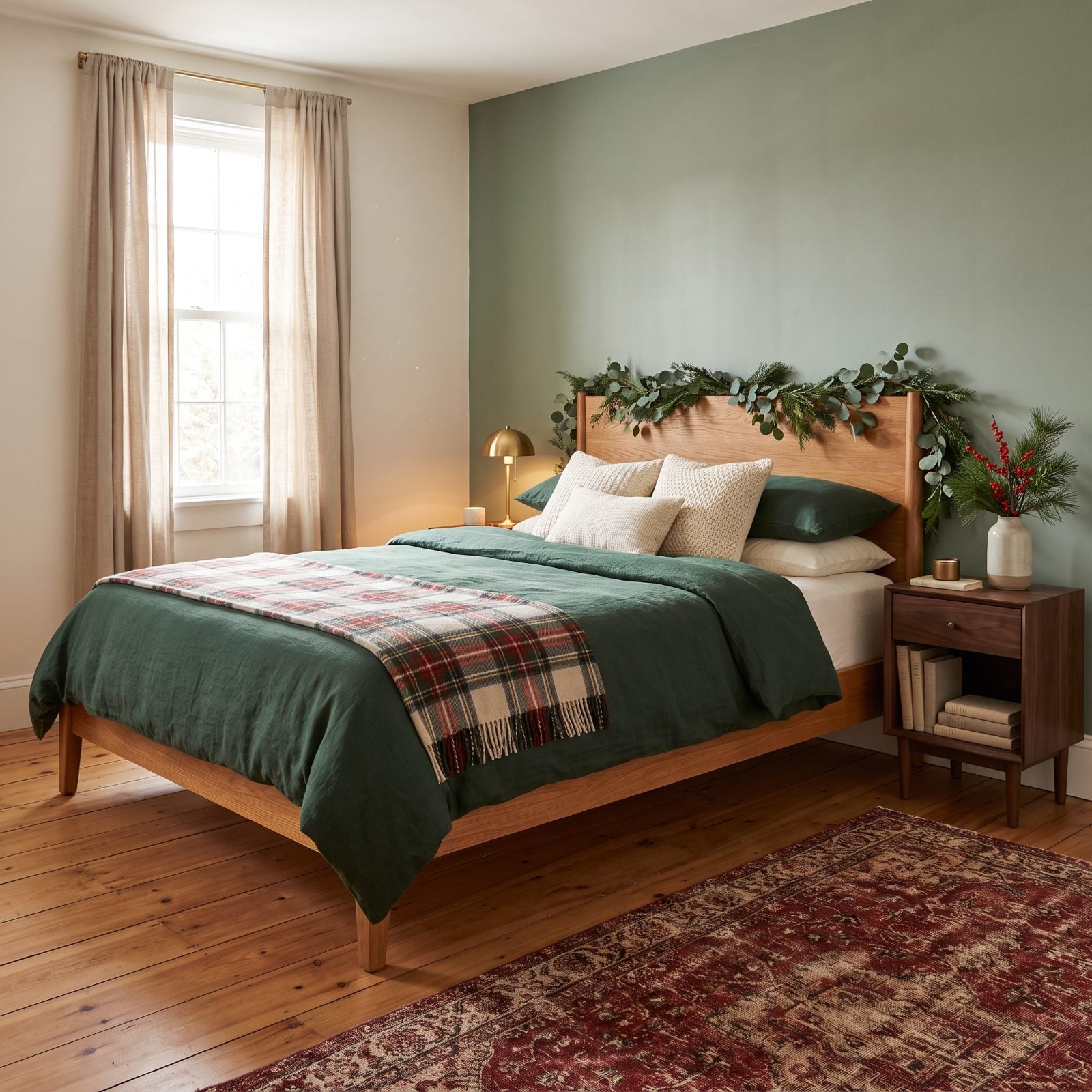 A Bedroom Layered With Tartan Wool and Forest Green Linen