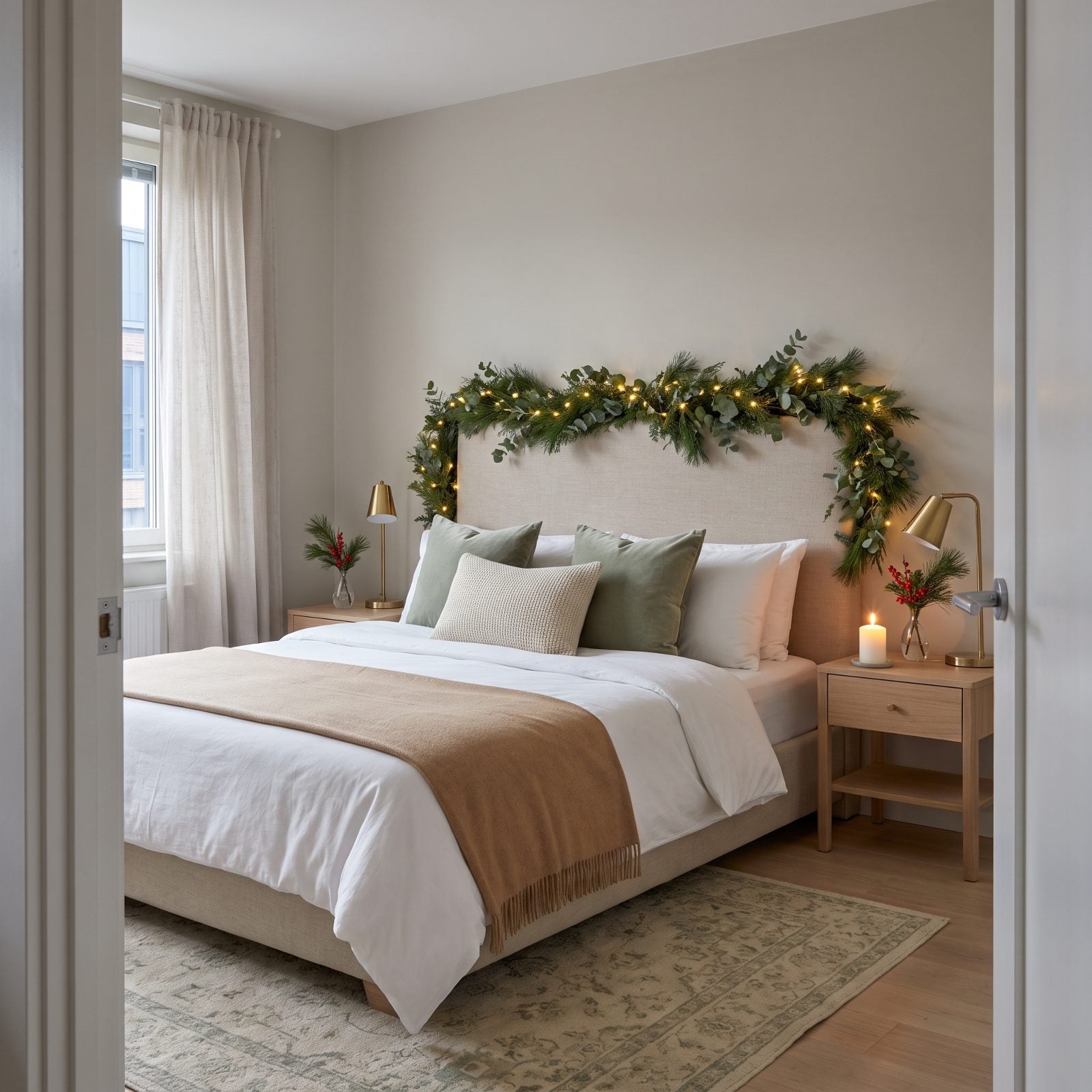 A Bedroom With a Lit Garland Draped Across the Headboard