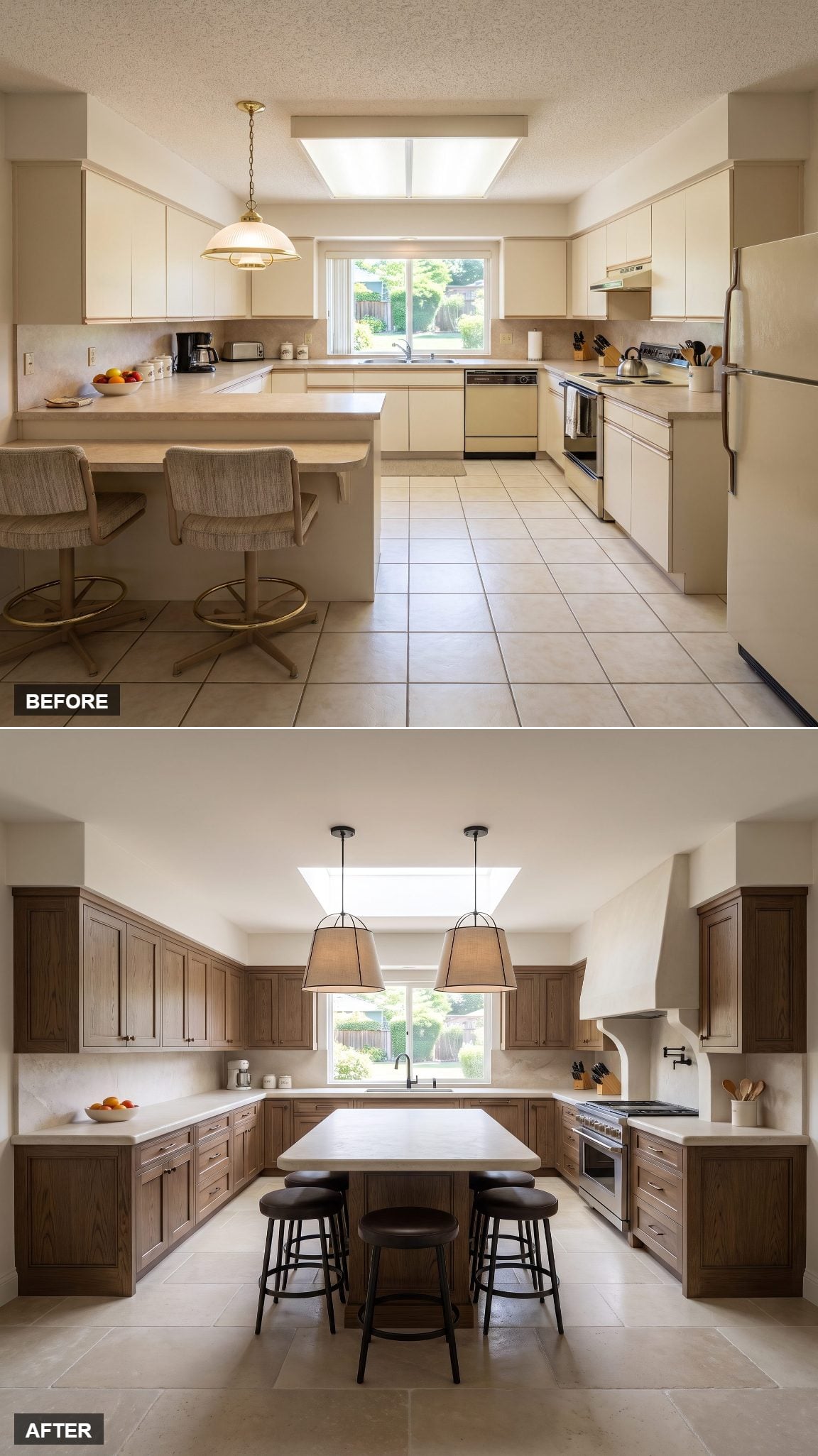 Belgian limestone kitchen with dark oak cabinetry