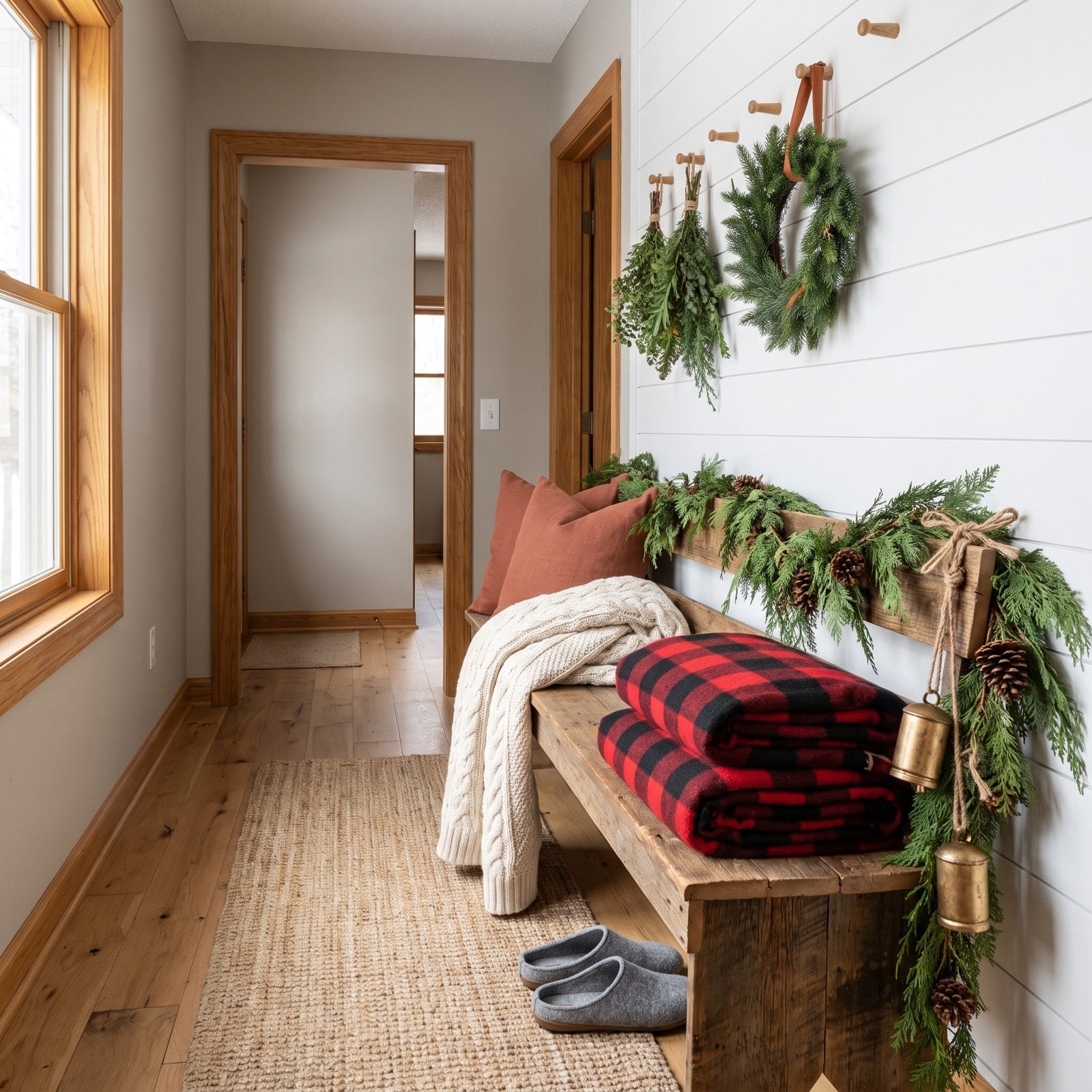 A Bench Piled With Plaid Throws, Bells and Greenery