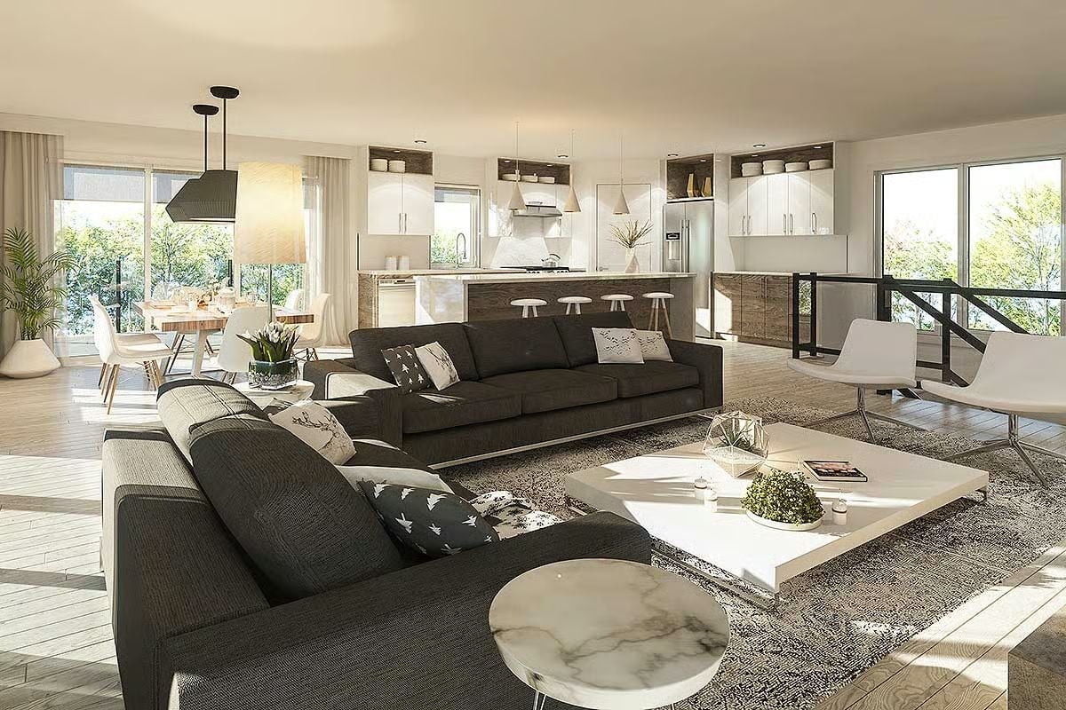 Charcoal Sectionals and a Kitchen Island You Can See From the Couch