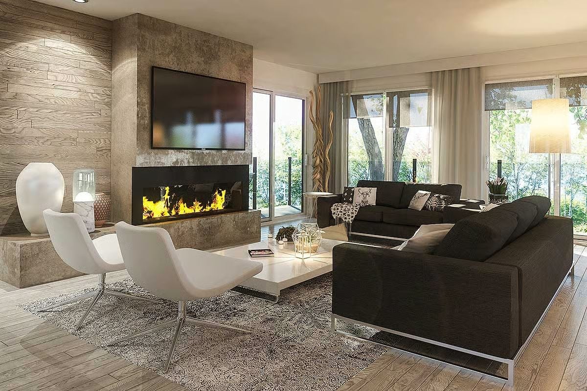 Charcoal Sofas Anchored by a Fireplace That Actually Earns the Wall