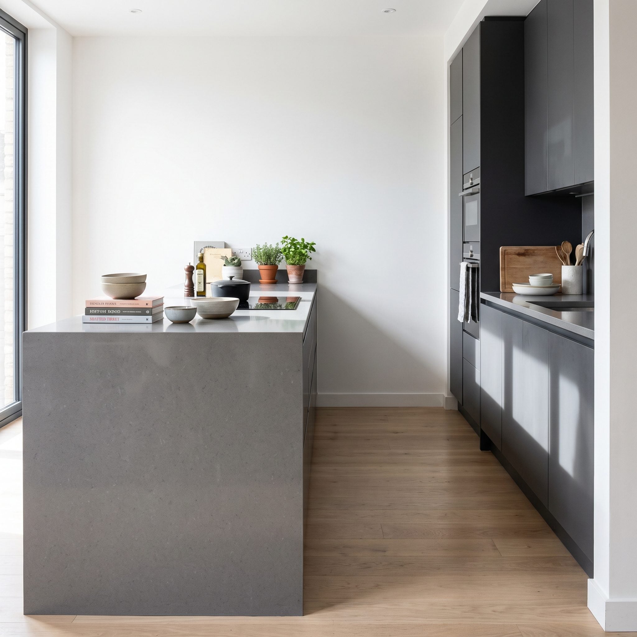 Navy and quartz kitchen where the island leaves about 32 inches of aisle space to the cabinets.