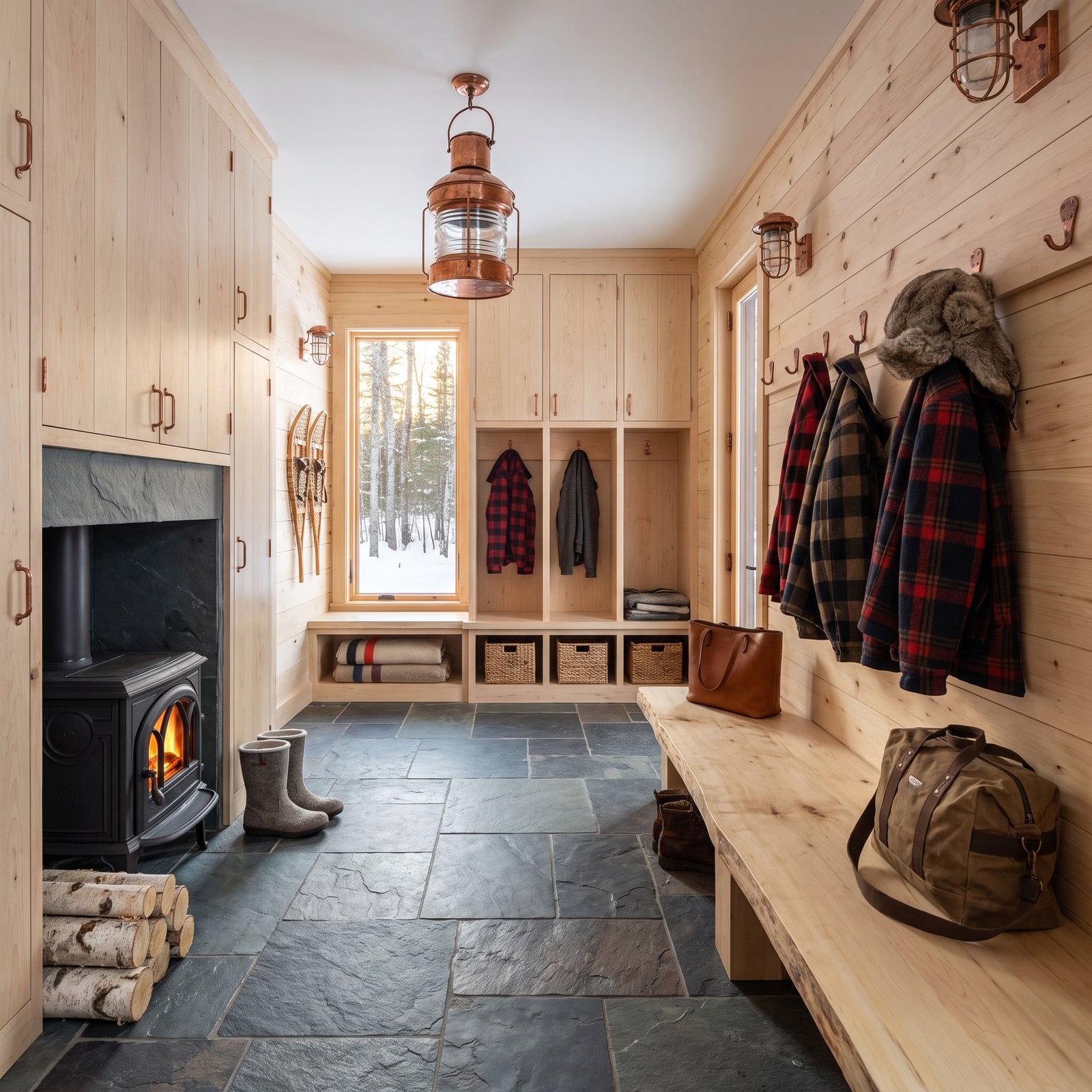 Birch Logs, Copper Hooks and a Woodstove in a Cabin Mudroom