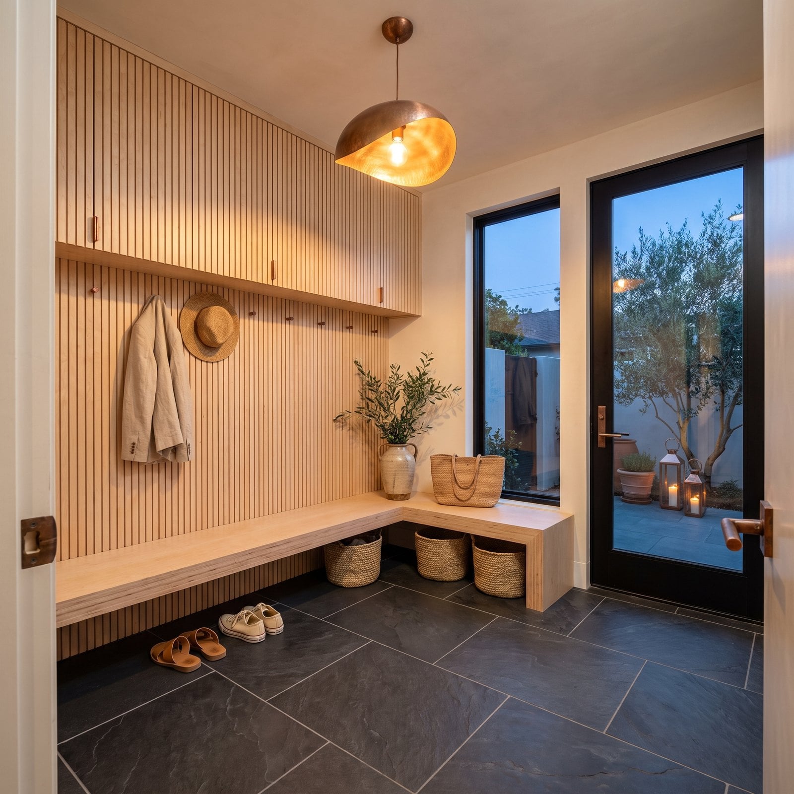 Birch Slats, Honed Slate and One Copper Pendant, California Style
