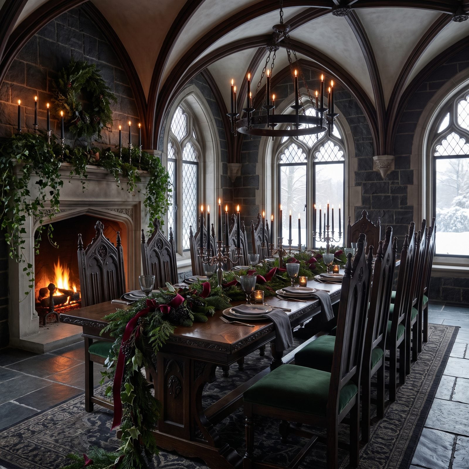 Black Tapers and Forest Greens in a Gothic Dining Room