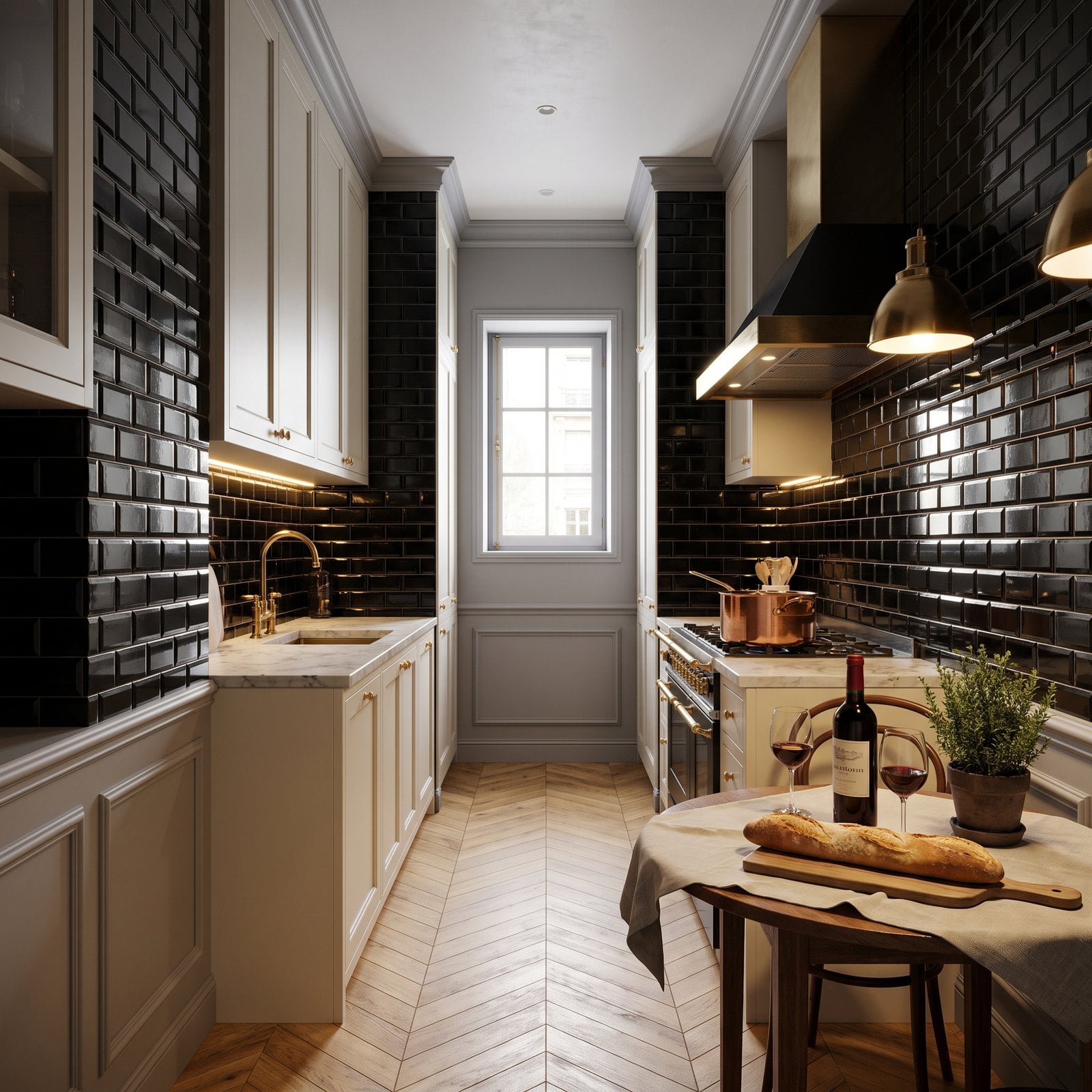 Black Tile in a Small Kitchen That Barely Gets Light
