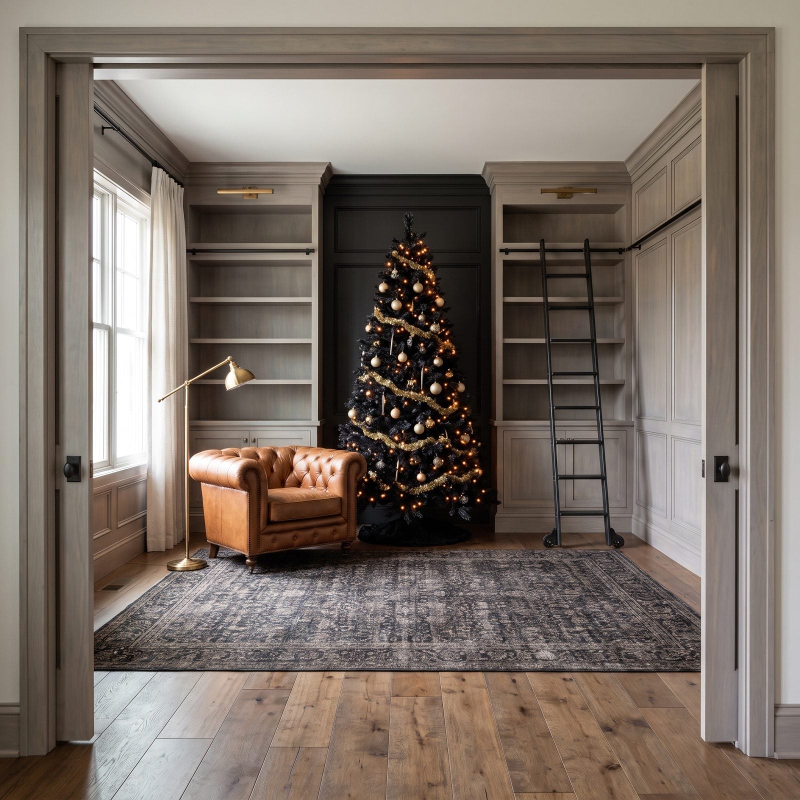 A Black Tree Dissolving Into a Dark-Paneled Library